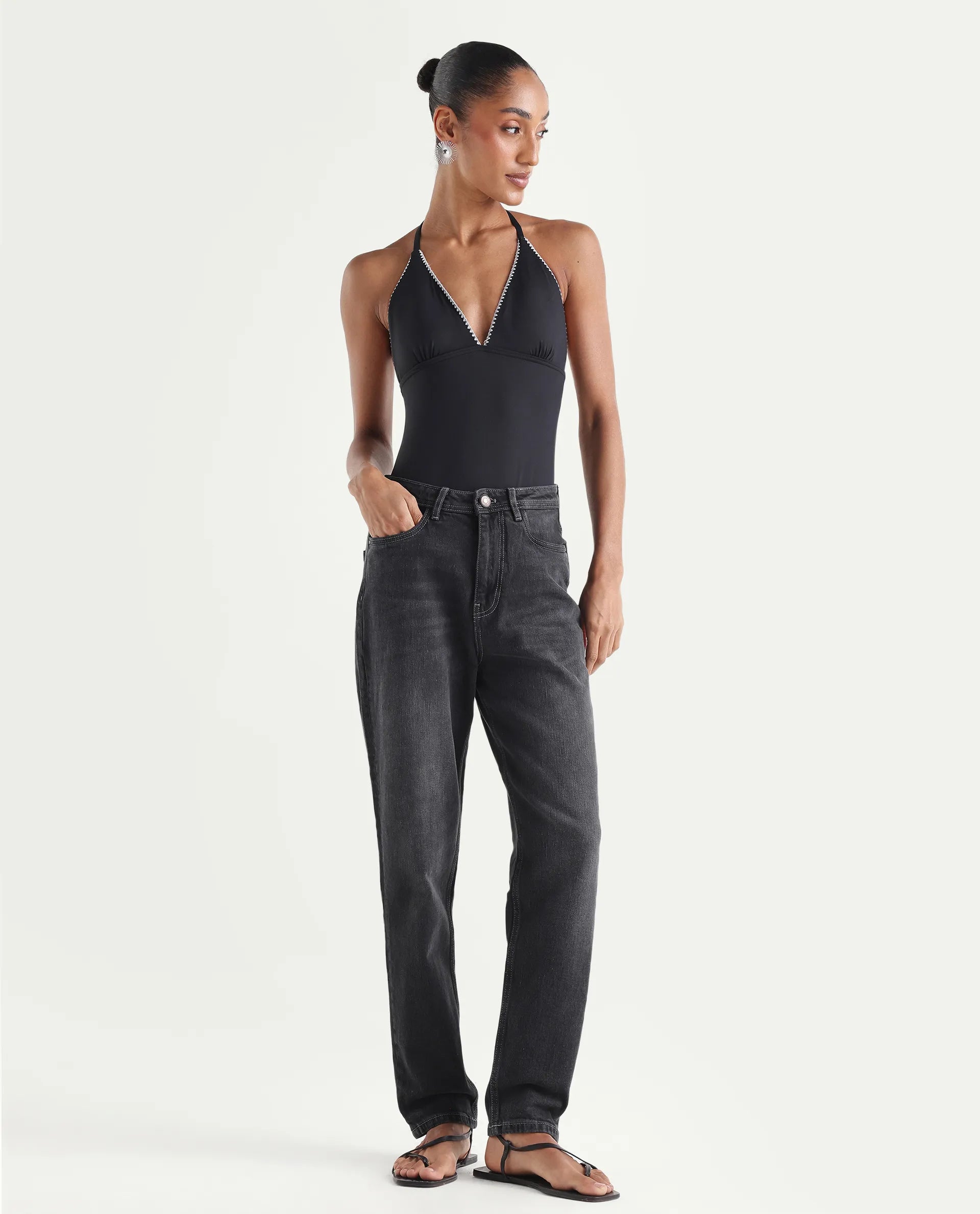 Rareism Women's Loreto Grey Cotton Blend Plain Ankle Length Mom Fit Jeans