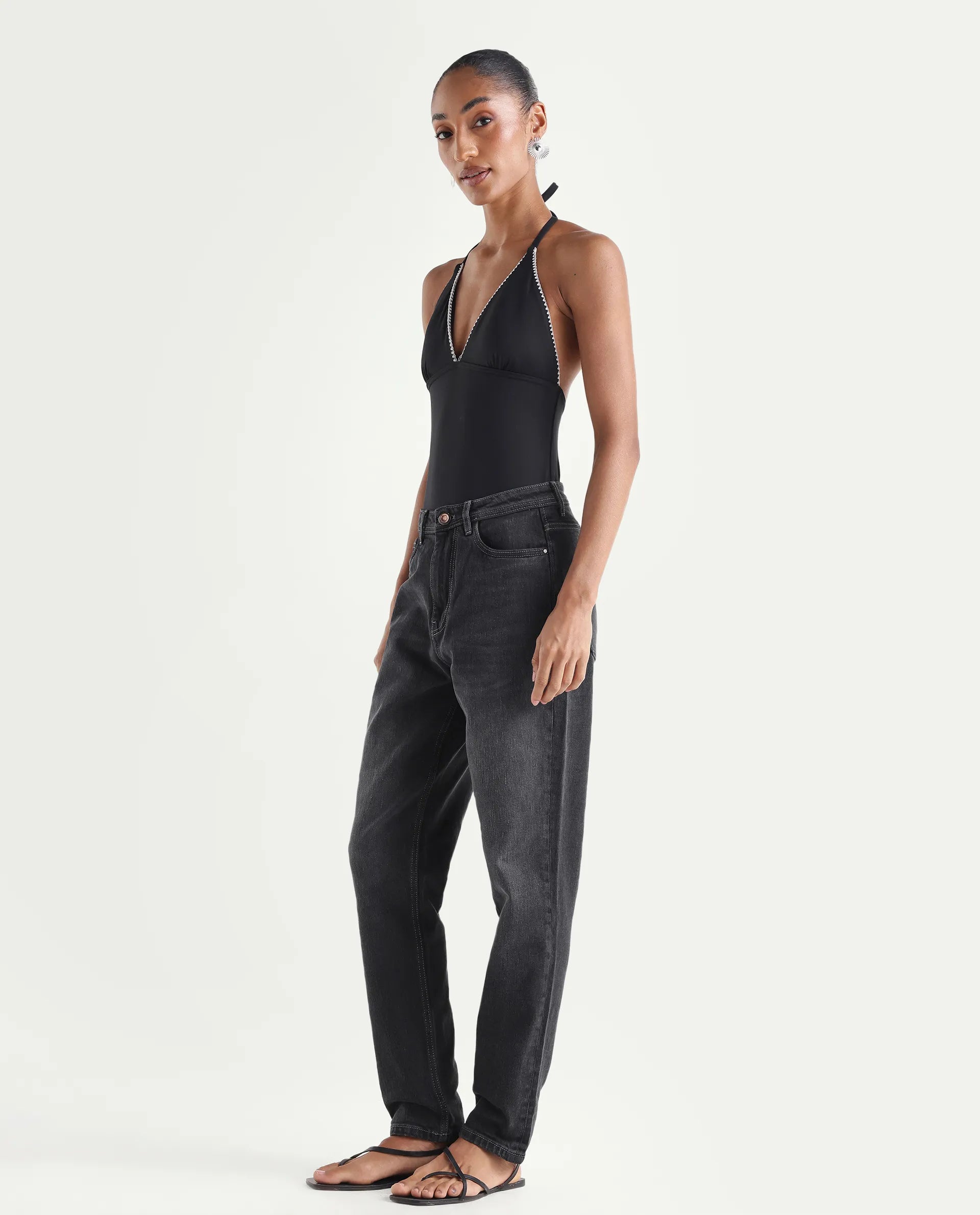 Rareism Women's Loreto Grey Cotton Blend Plain Ankle Length Mom Fit Jeans