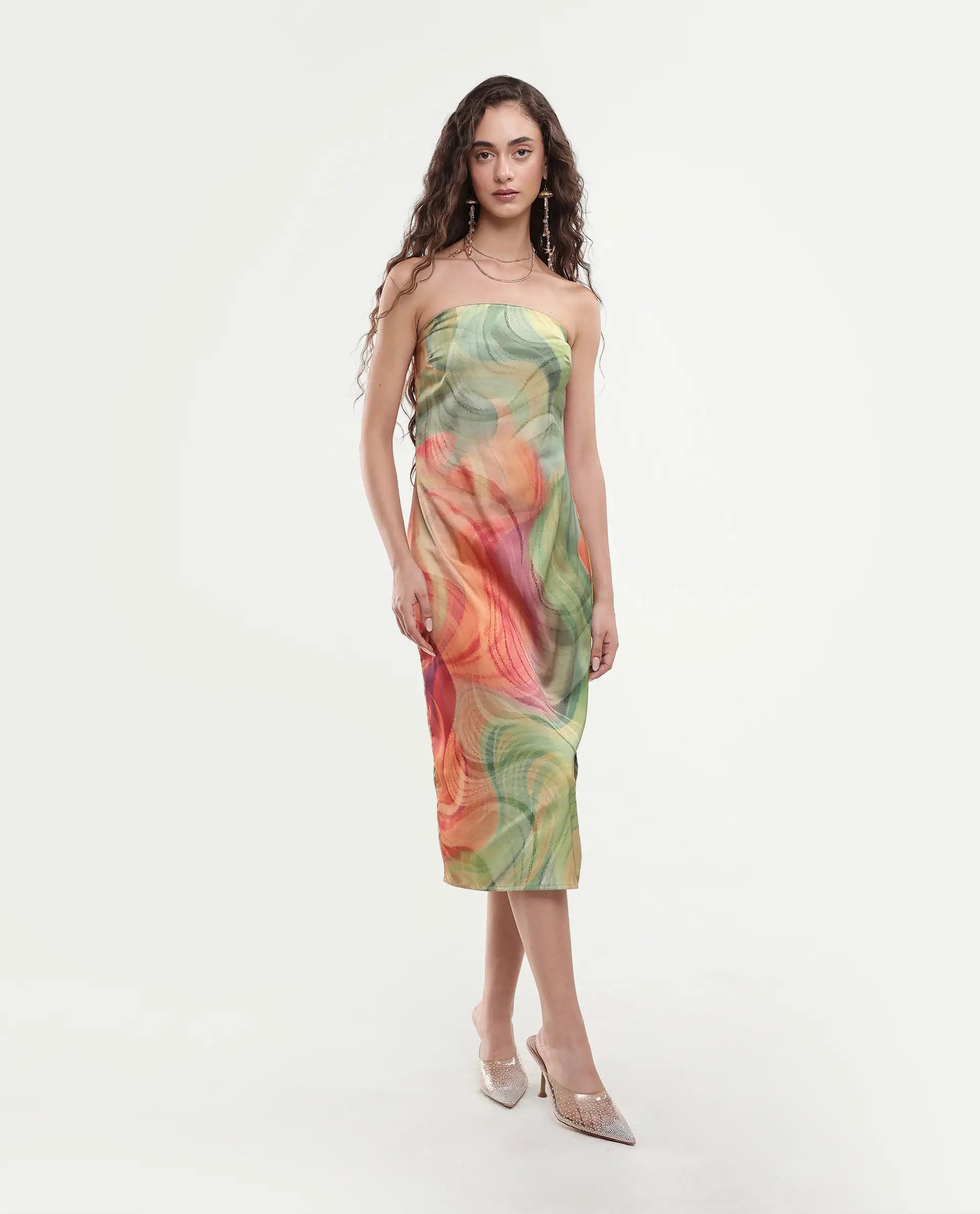 Rareism Women's Mermaid Multi Polyester Shoulder Strap Abstract Print Sleeveless Midi Bodycon Dress