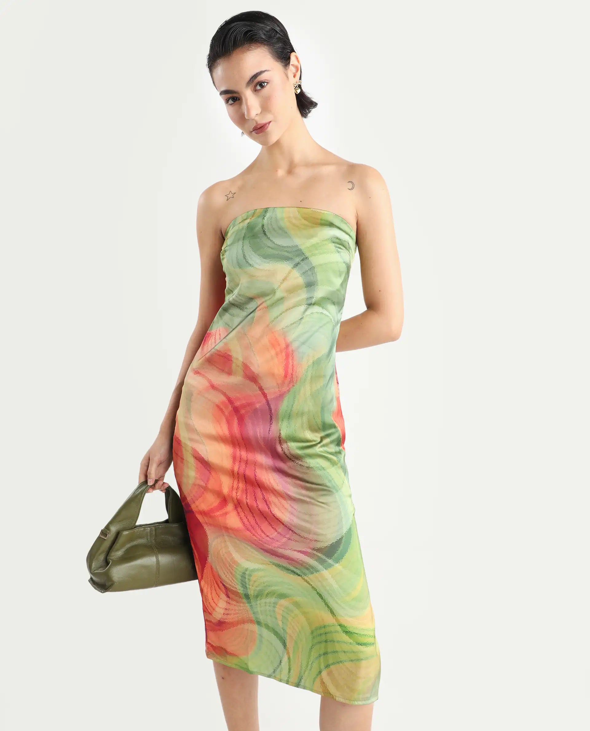 Rareism Women's Mermaid Multi Polyester Shoulder Strap Abstract Print Sleeveless Midi Bodycon Dress