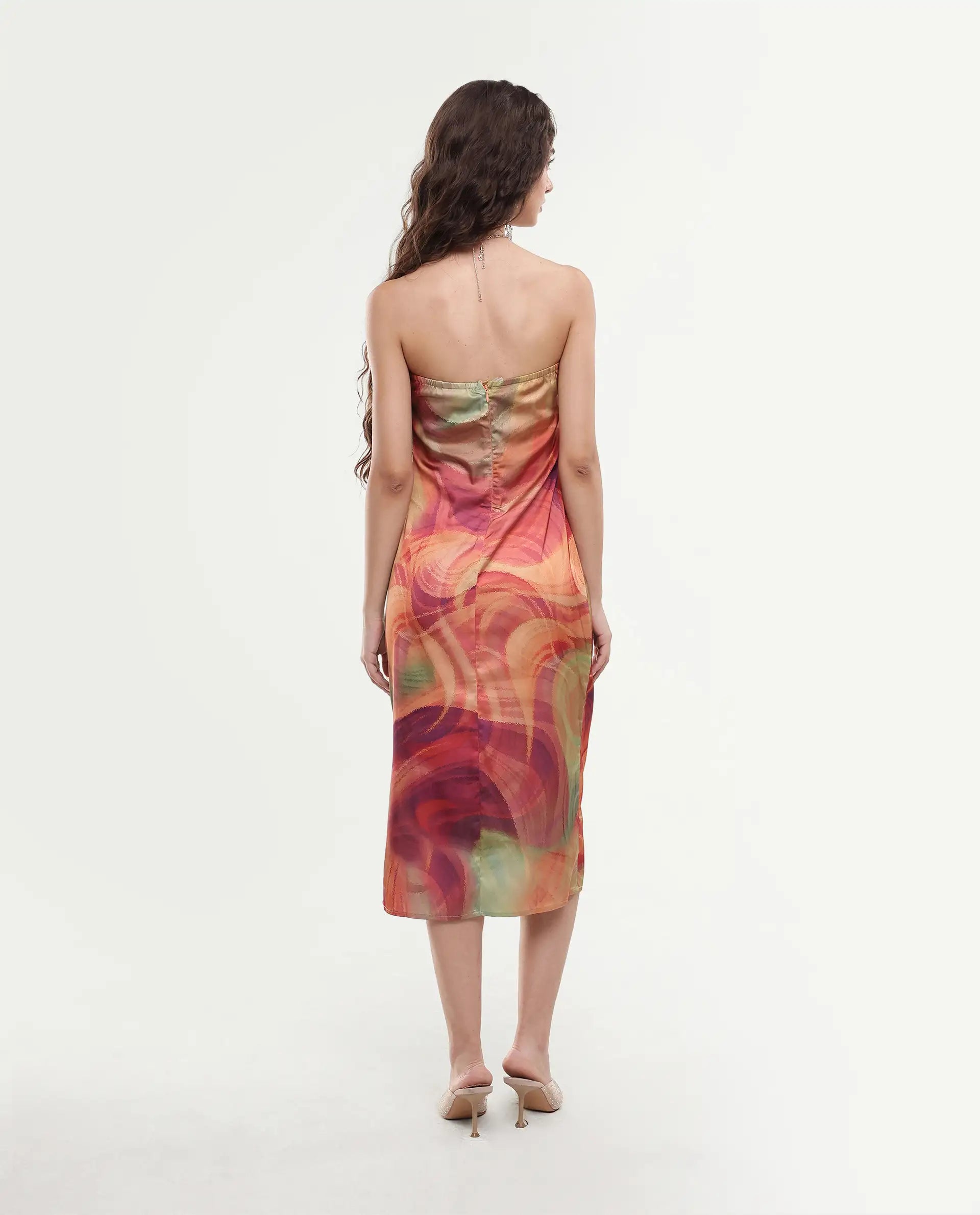 Rareism Women's Mermaid Multi Polyester Shoulder Strap Abstract Print Sleeveless Midi Bodycon Dress