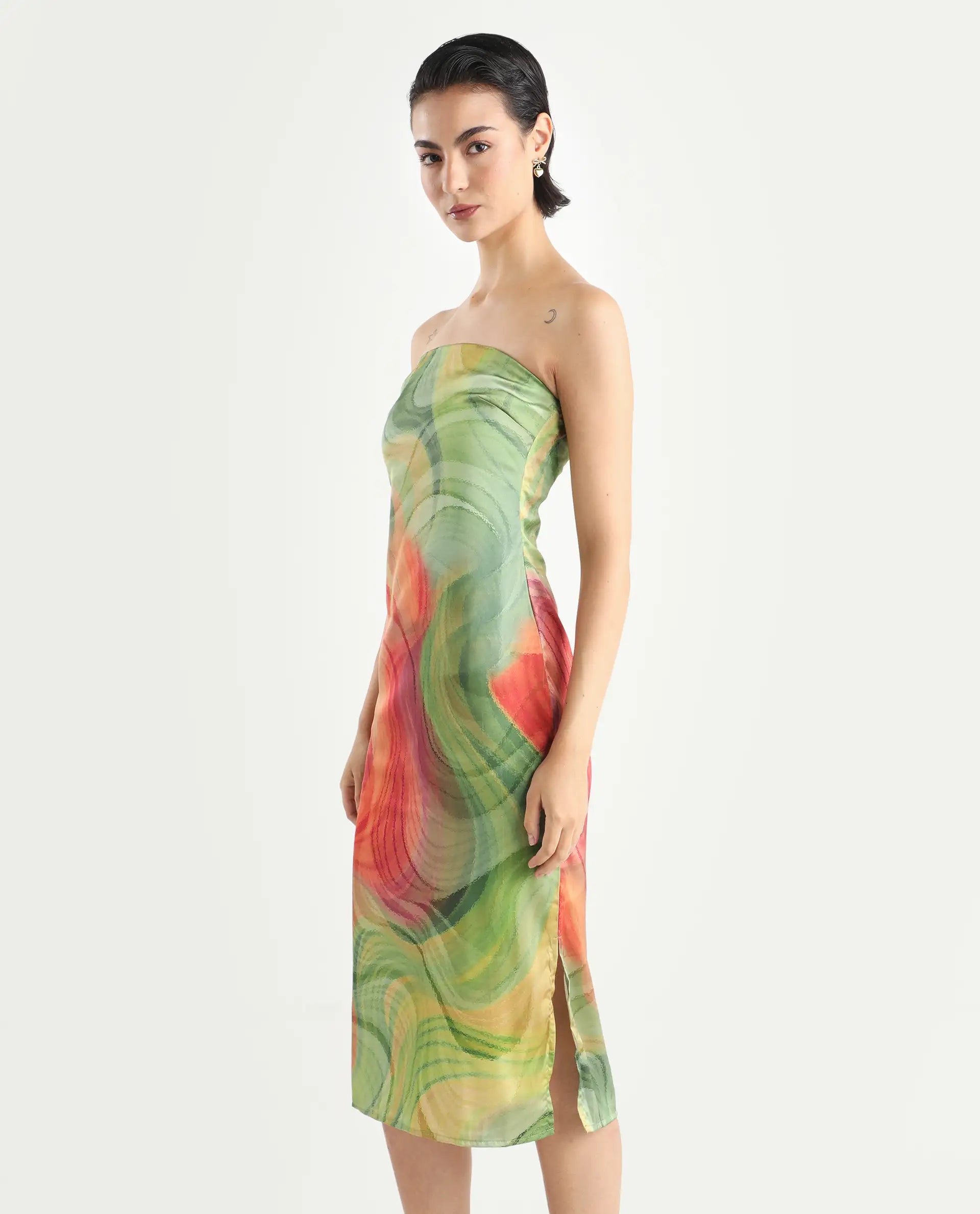 Rareism Women's Mermaid Multi Polyester Shoulder Strap Abstract Print Sleeveless Midi Bodycon Dress