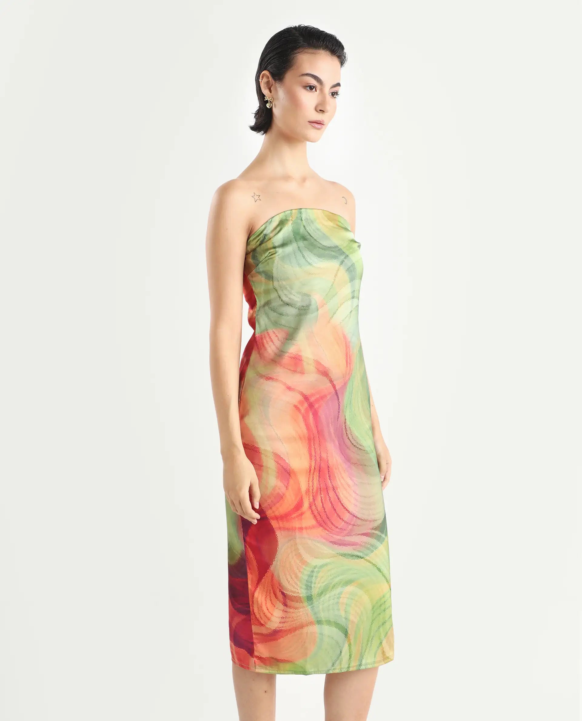 Rareism Women's Mermaid Multi Polyester Shoulder Strap Abstract Print Sleeveless Midi Bodycon Dress