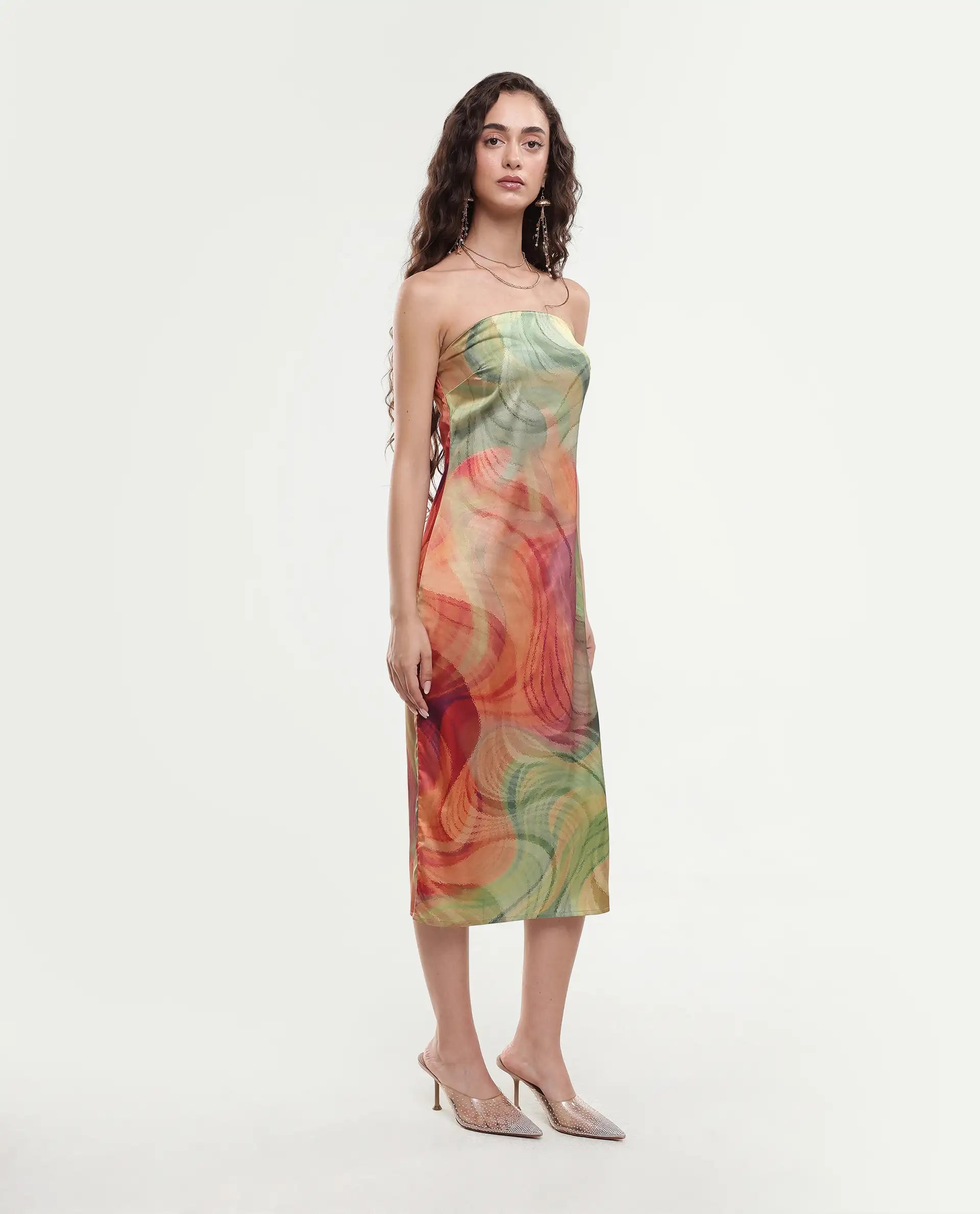 Rareism Women's Mermaid Multi Polyester Shoulder Strap Abstract Print Sleeveless Midi Bodycon Dress