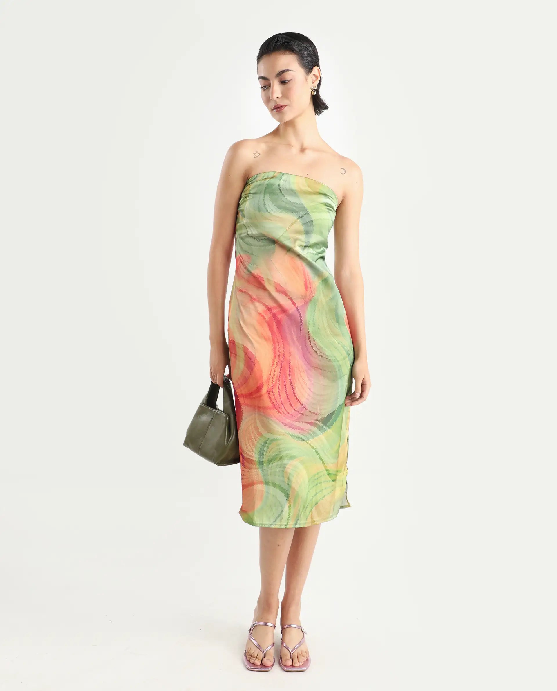 Rareism Women's Mermaid Multi Polyester Shoulder Strap Abstract Print Sleeveless Midi Bodycon Dress