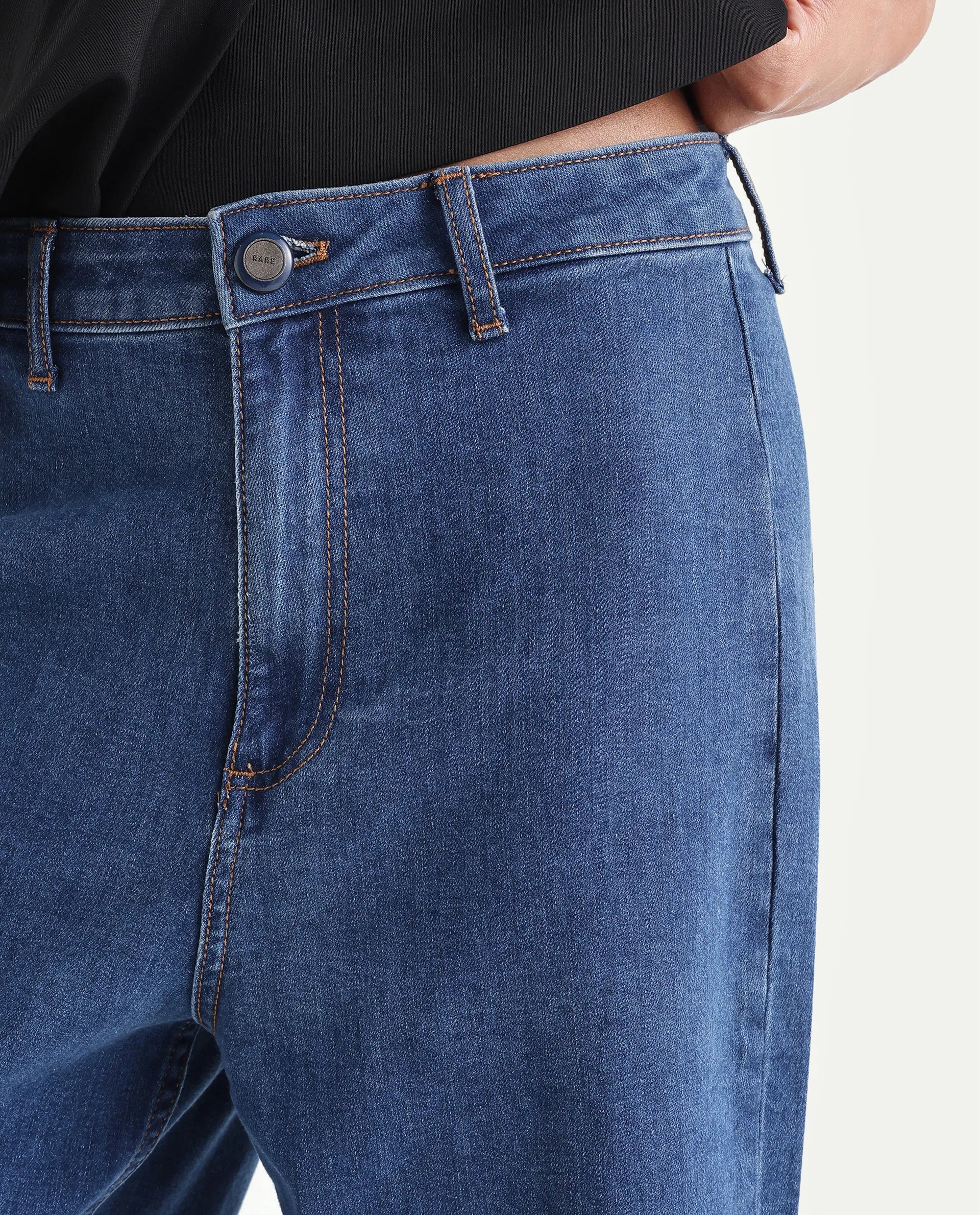 Rareism Women's Miniko Dark Blue Cotton Blend Plain Ankle Length Effortless Sculpt high wide Jeans
