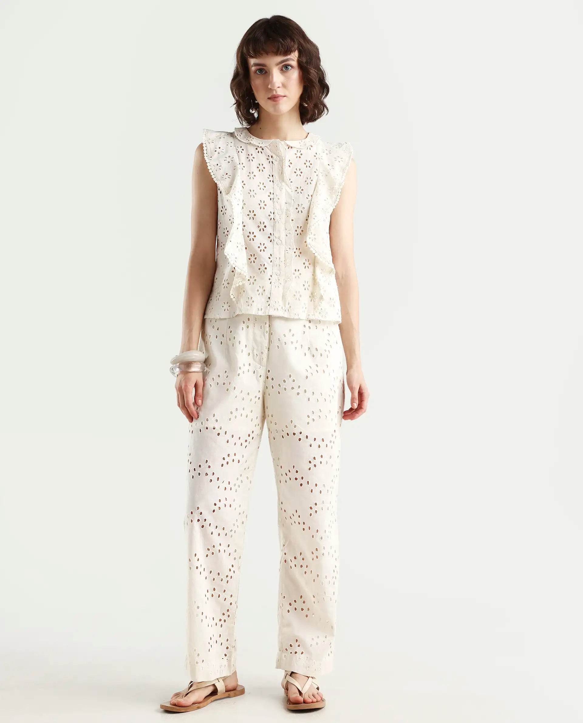 Rareism Women's Montana-B Light Off White Cotton Plain Regular Fit Trouser