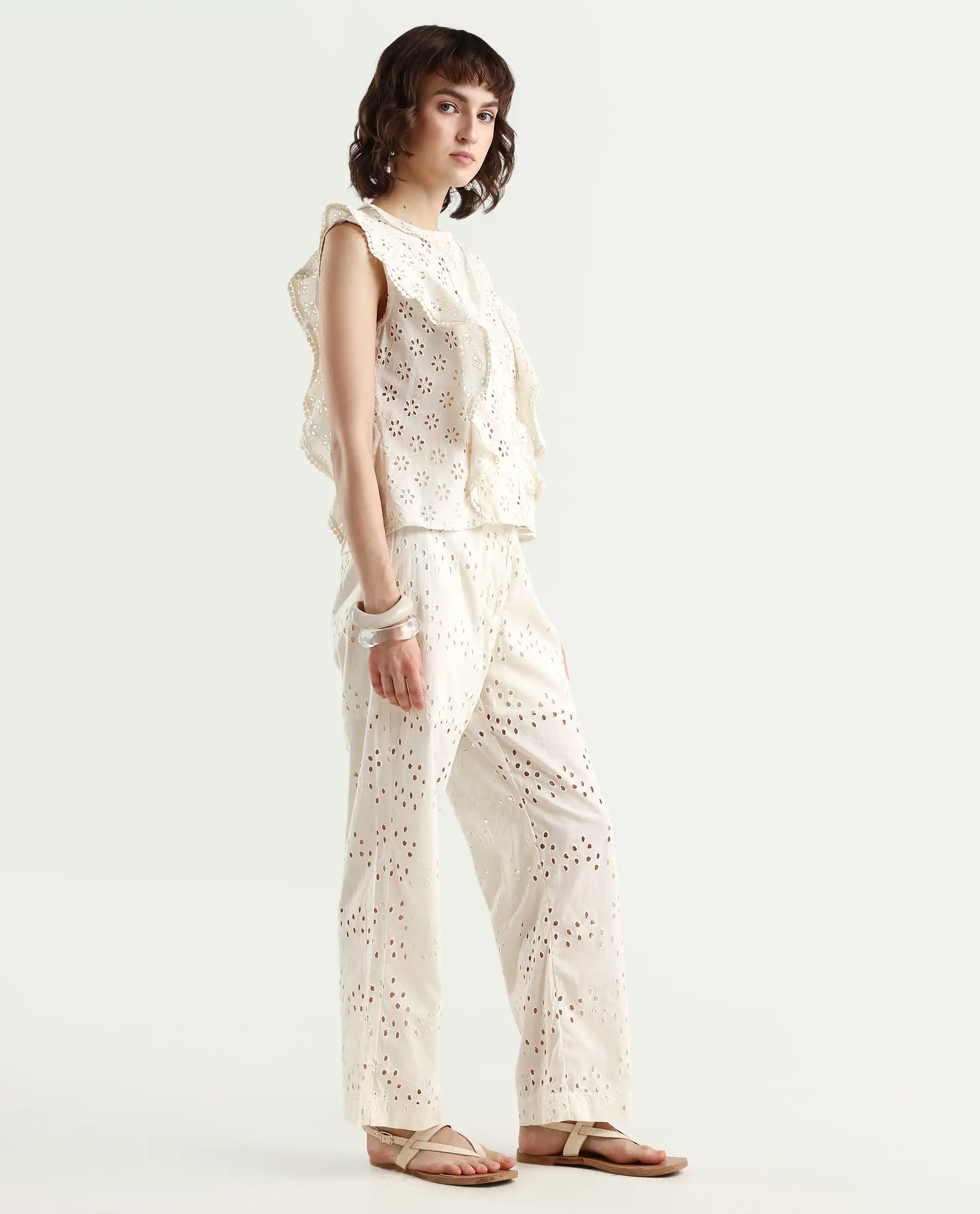 Rareism Women's Montana-B Light Off White Cotton Plain Regular Fit Trouser