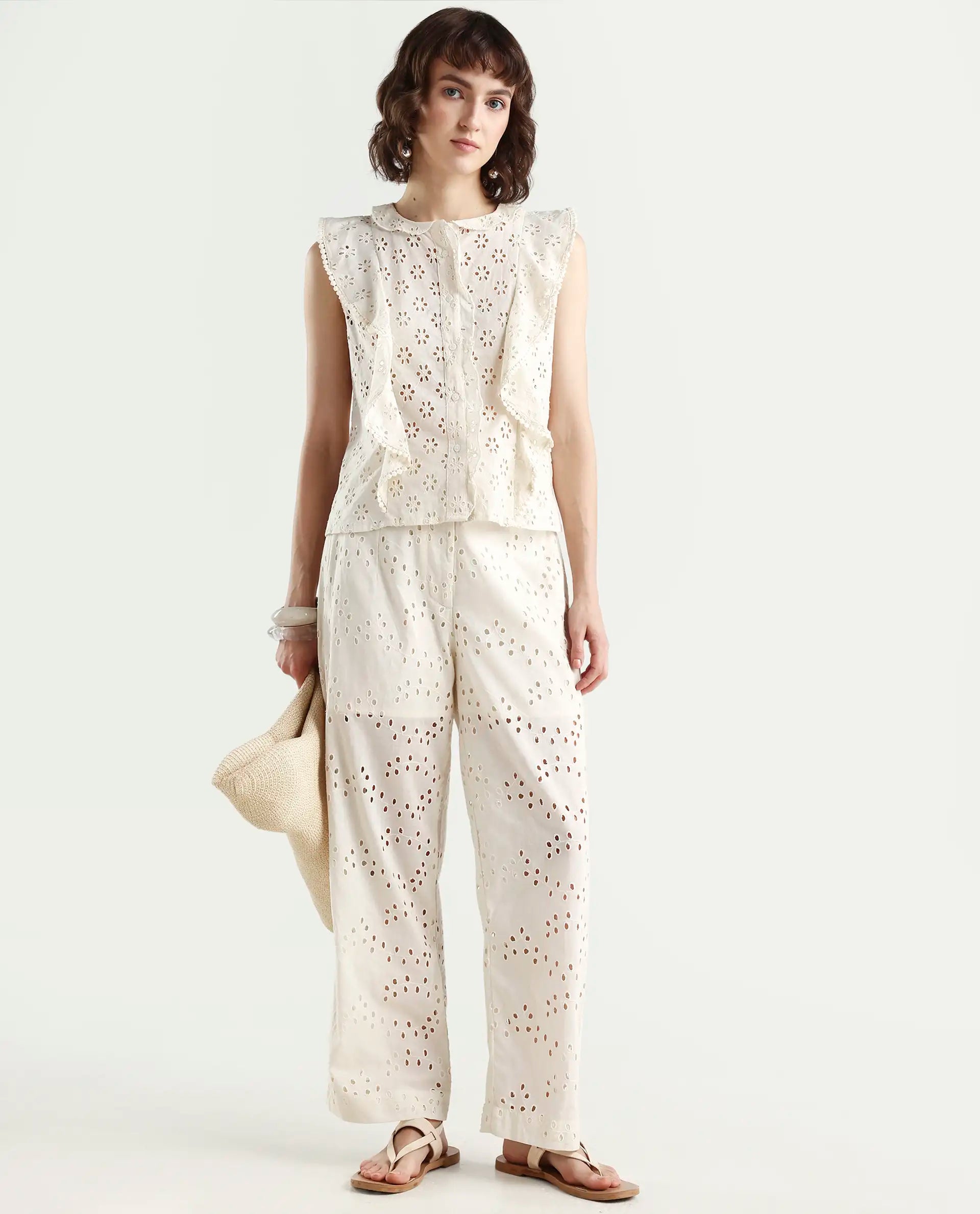 Rareism Women's Montana-B Light Off White Cotton Plain Regular Fit Trouser