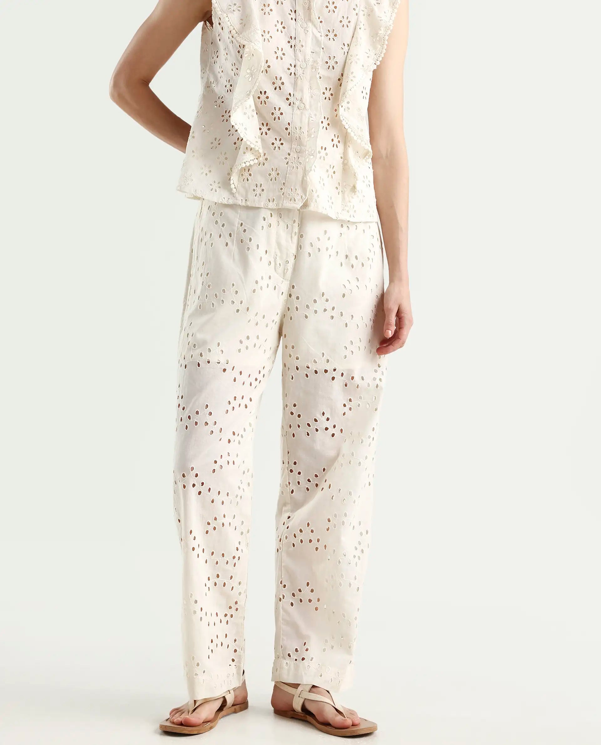 Rareism Women's Montana-B Light Off White Cotton Plain Regular Fit Trouser