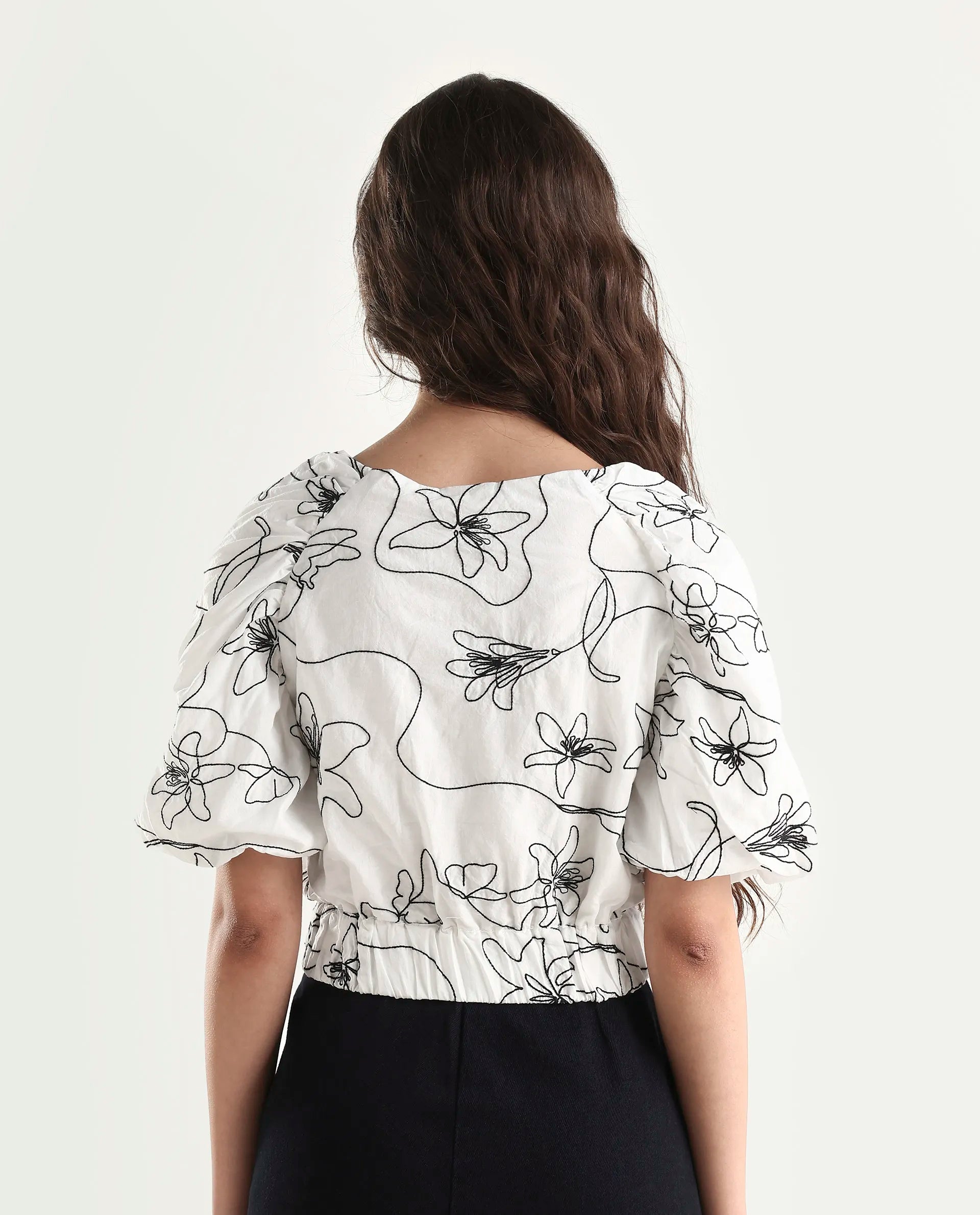 Rareism Women's Morganic White Cotton Crew Neck Embroidered Balloon Sleeve Crop Regular Fit Top