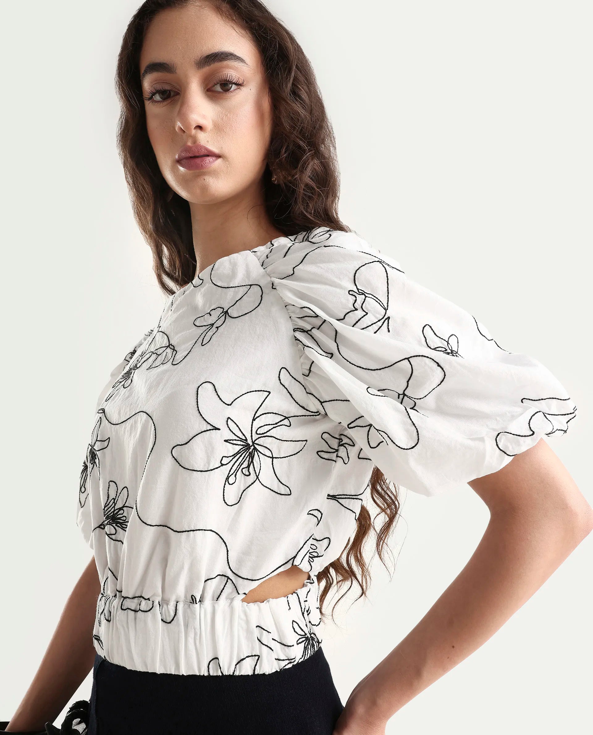 Rareism Women's Morganic White Cotton Crew Neck Embroidered Balloon Sleeve Crop Regular Fit Top