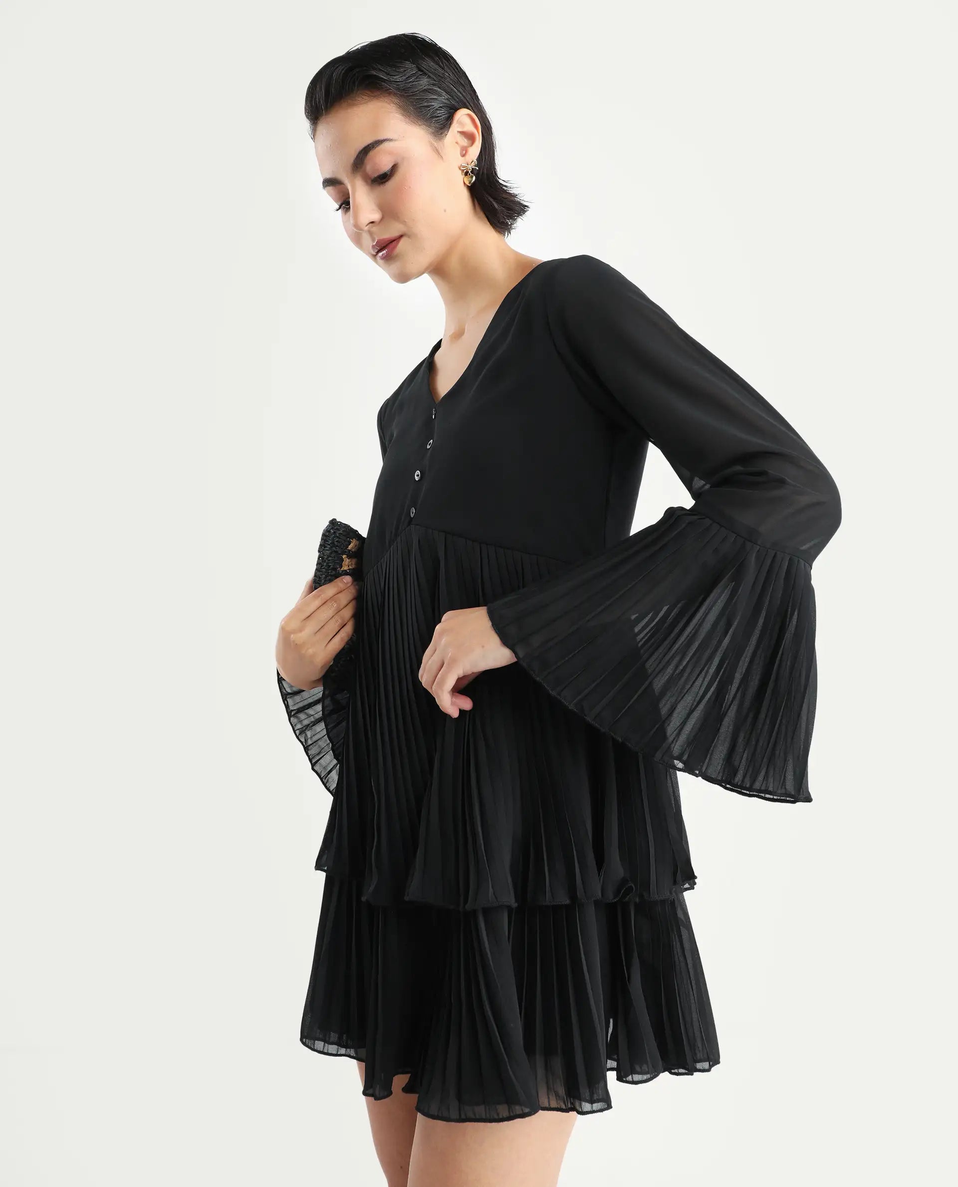 Rareism Women's Olympia Black Polyester Drop Collar Plain Bell Sleeve Mini Fit And Flare Dress