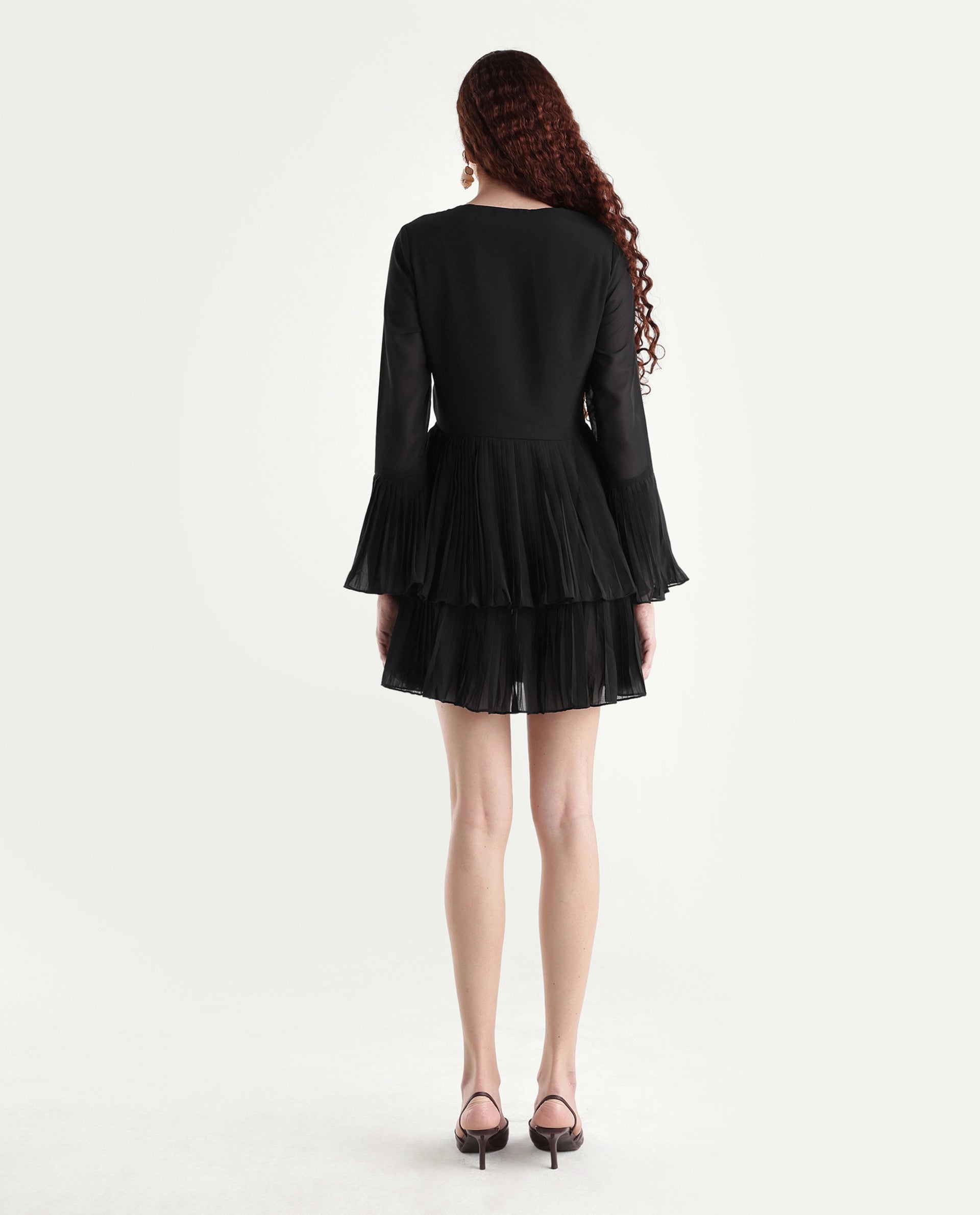 Rareism Women's Olympia Black Polyester Drop Collar Plain Bell Sleeve Mini Fit And Flare Dress