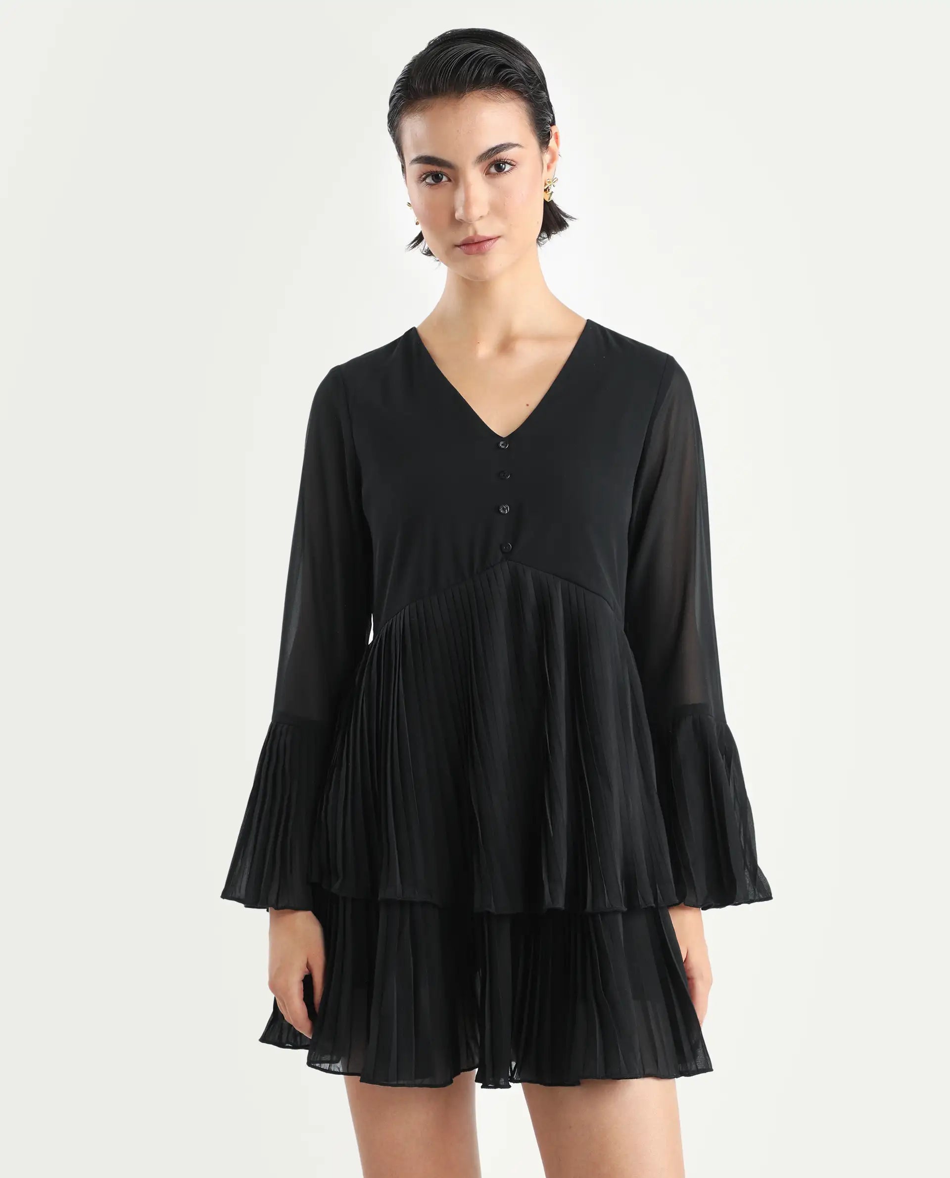 Rareism Women's Olympia Black Polyester Drop Collar Plain Bell Sleeve Mini Fit And Flare Dress