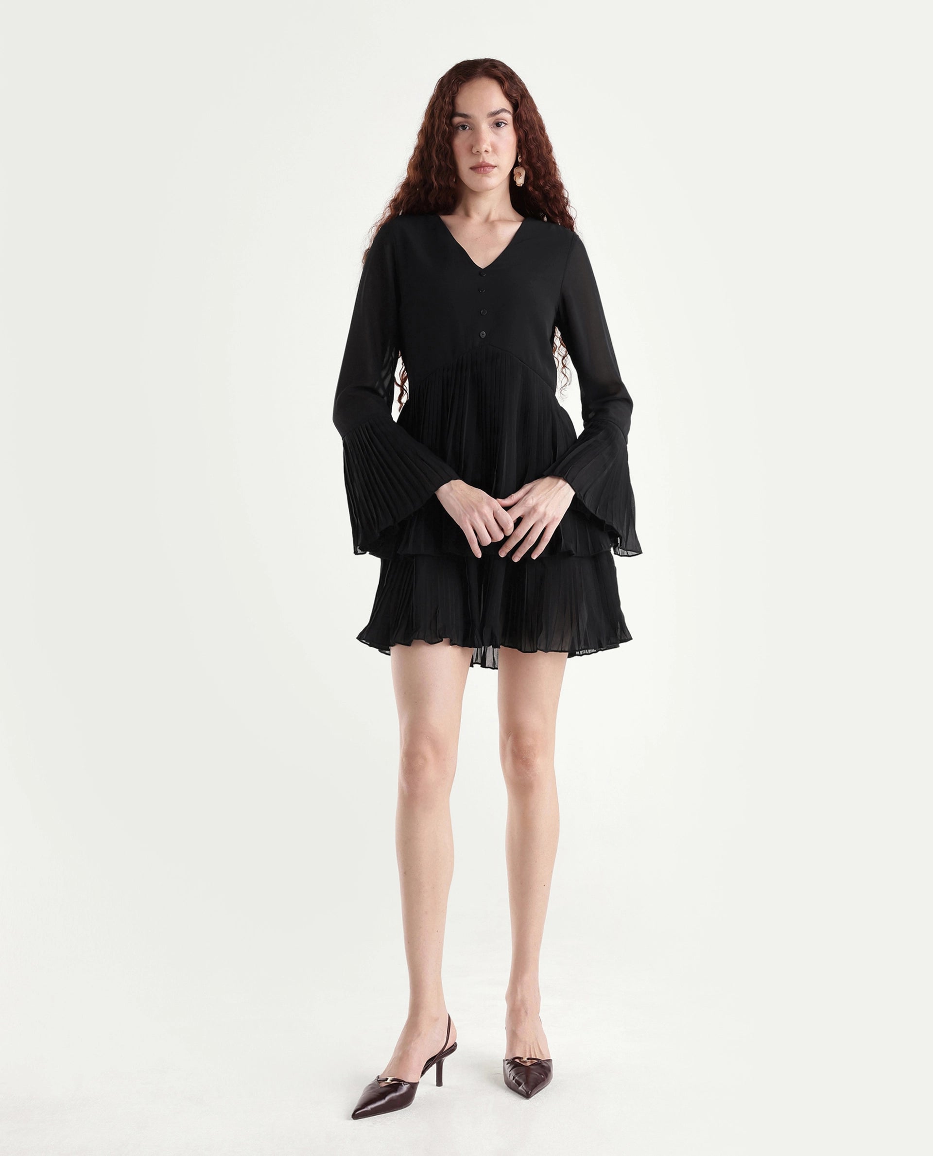 Rareism Women's Olympia Black Polyester Drop Collar Plain Bell Sleeve Mini Fit And Flare Dress