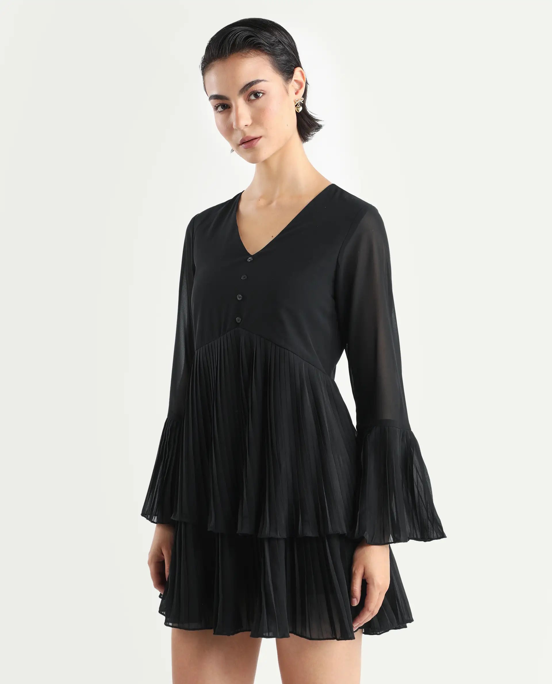 Rareism Women's Olympia Black Polyester Drop Collar Plain Bell Sleeve Mini Fit And Flare Dress