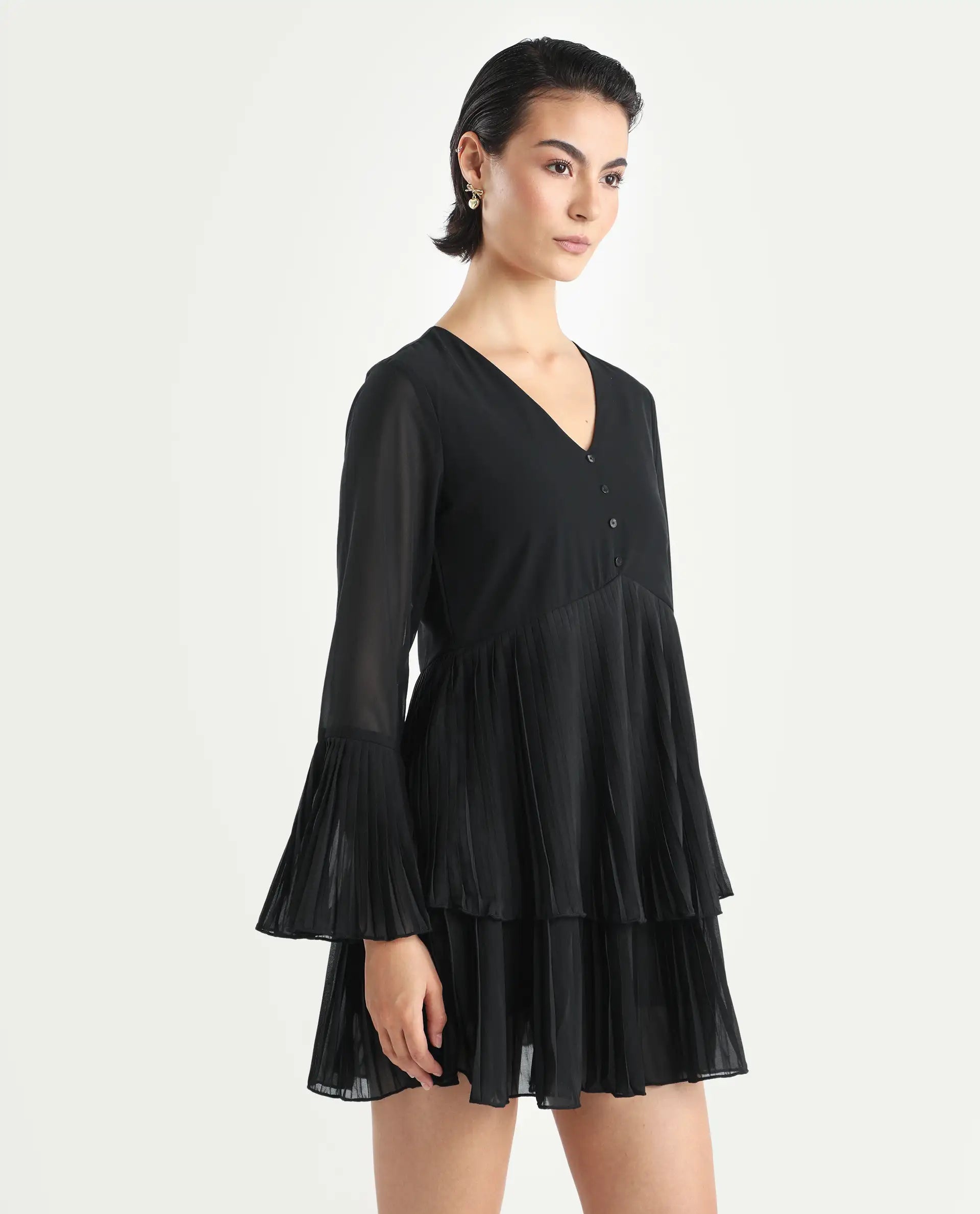 Rareism Women's Olympia Black Polyester Drop Collar Plain Bell Sleeve Mini Fit And Flare Dress