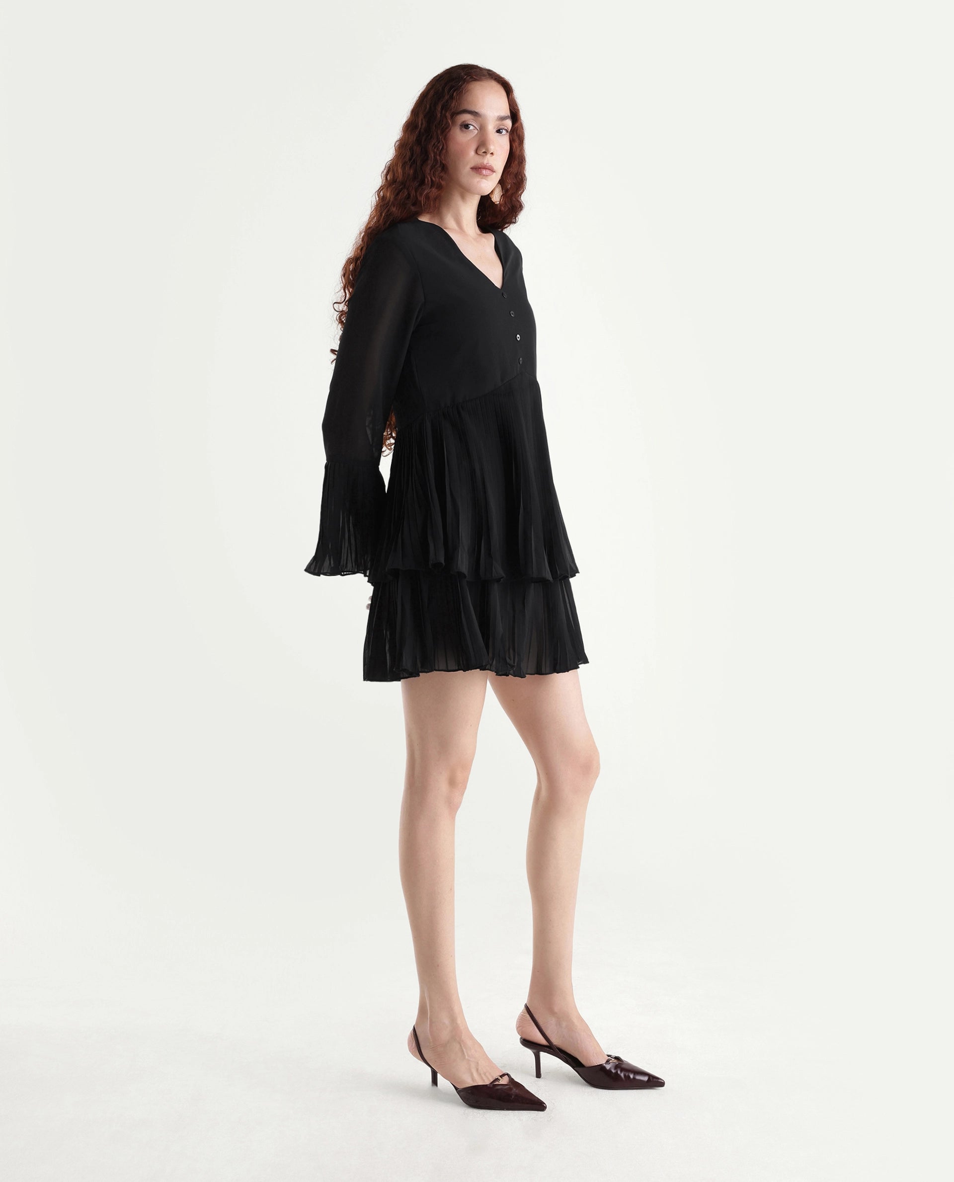 Rareism Women's Olympia Black Polyester Drop Collar Plain Bell Sleeve Mini Fit And Flare Dress