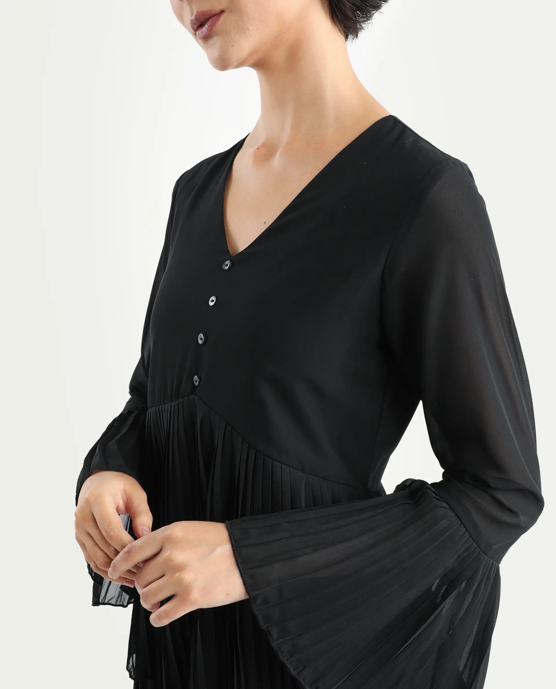 Rareism Women's Olympia Black Polyester Drop Collar Plain Bell Sleeve Mini Fit And Flare Dress