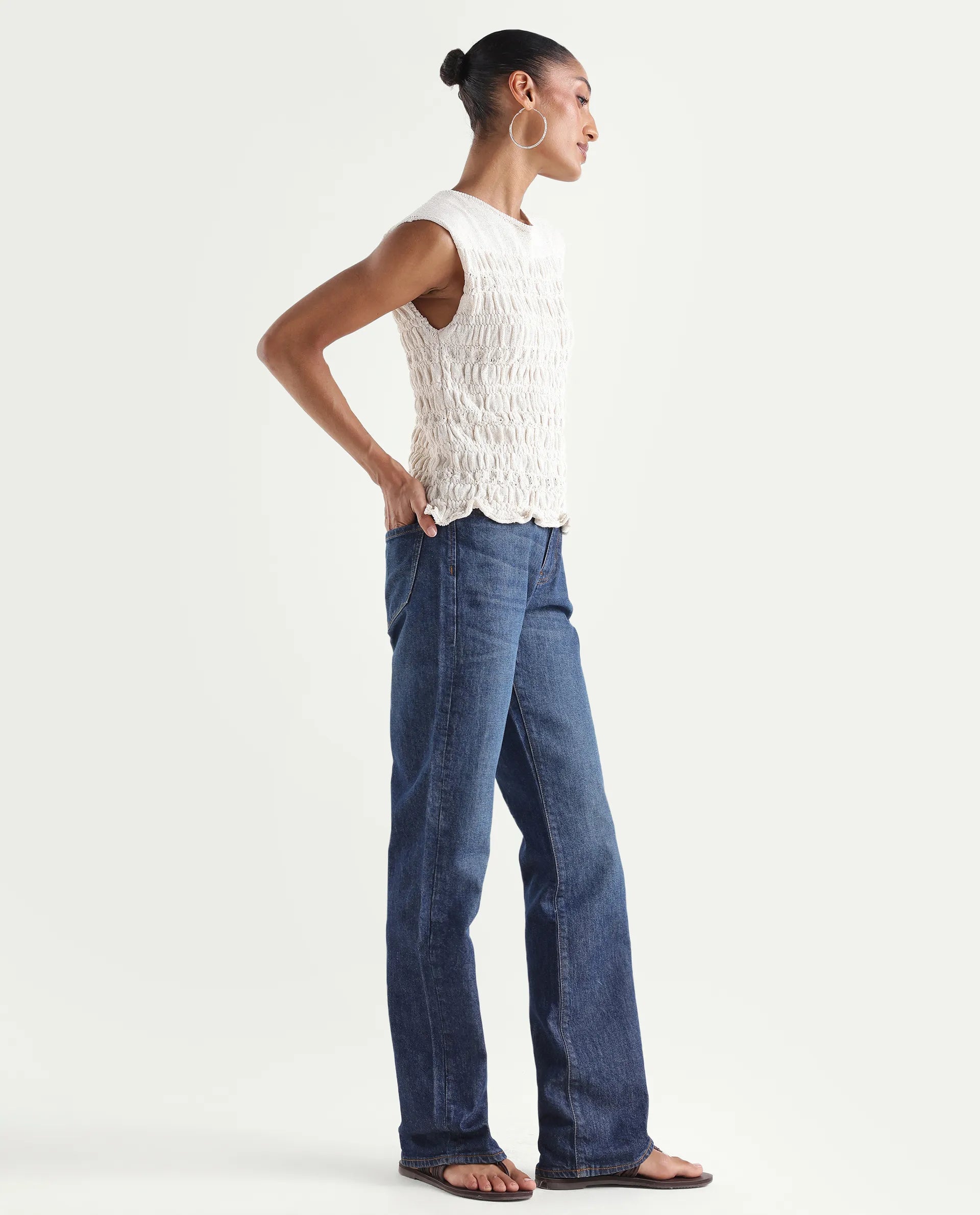 Rareism Women's Osseo Dark Blue Cotton Blend Plain Ankle Length Smart Straight Fit Jeans
