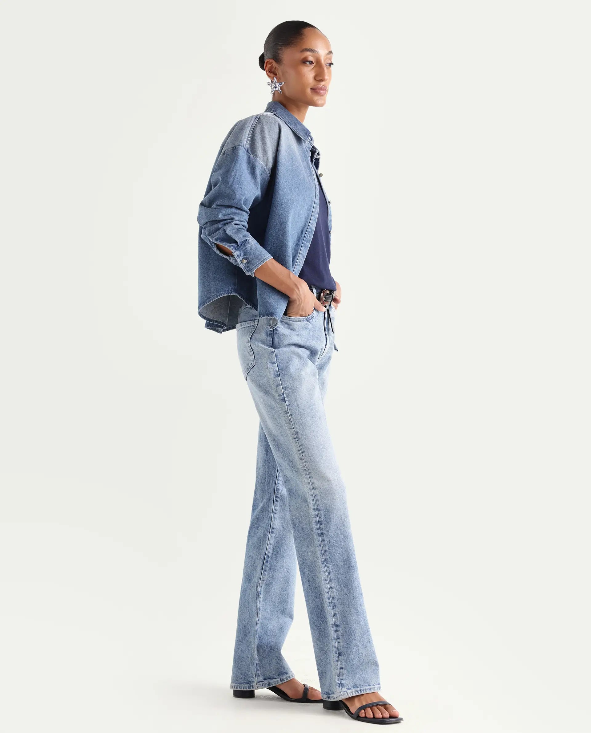 Rareism Women's Osseo Pastel Blue Cotton Blend Plain Ankle Length Smart Straight Fit Jeans