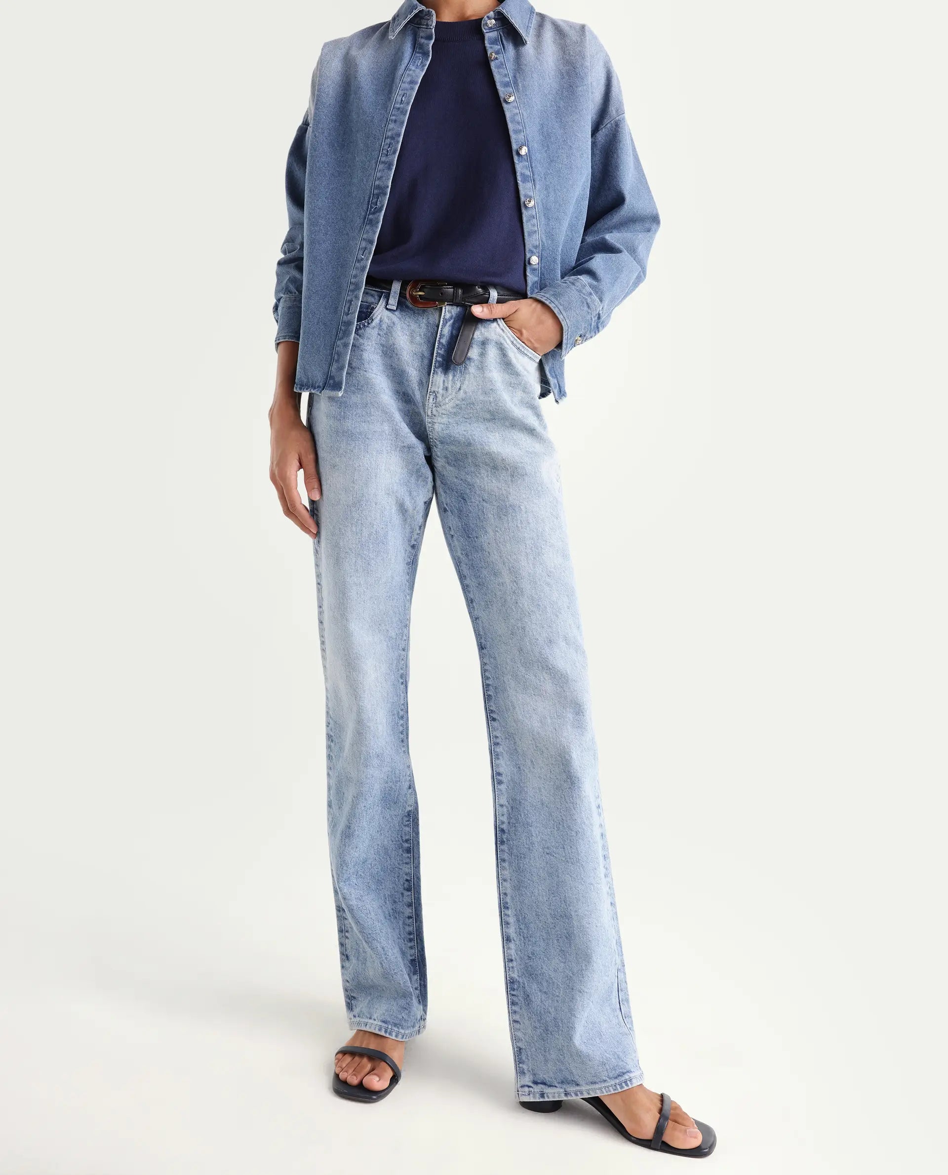 Rareism Women's Osseo Pastel Blue Cotton Blend Plain Ankle Length Smart Straight Fit Jeans