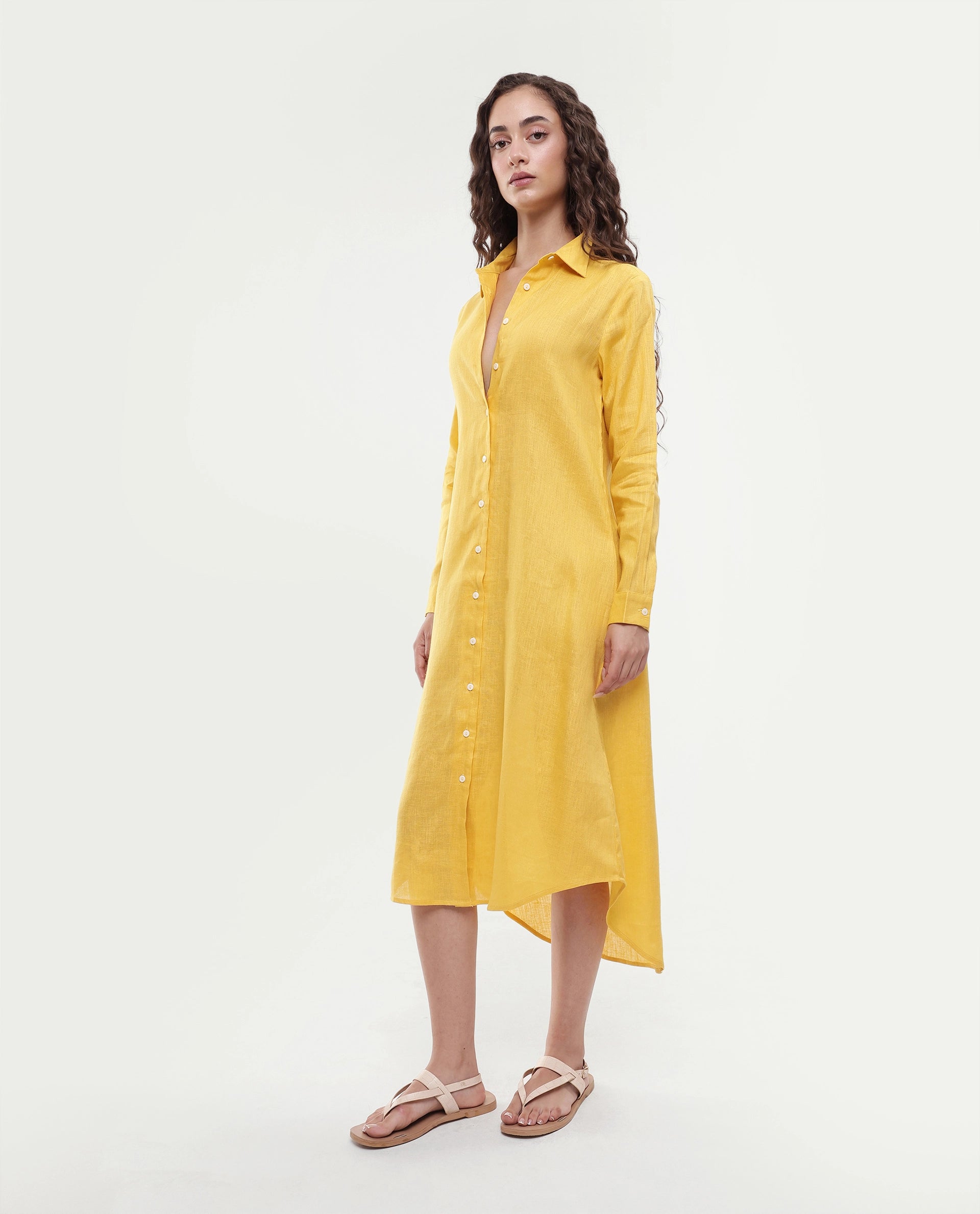 Rareism Women's Peruvian Yellow Cotton Linen Drop Collar Plain Cuffed Sleeve Midi A-Line Dress