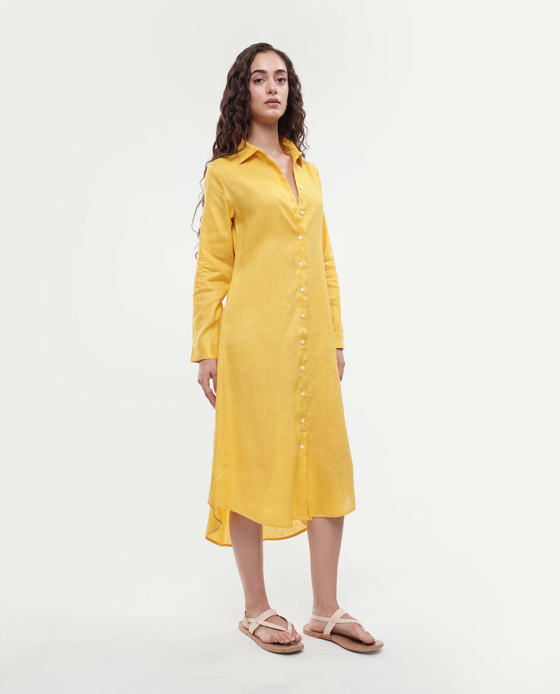Rareism Women's Peruvian Yellow Cotton Linen Drop Collar Plain Cuffed Sleeve Midi A-Line Dress