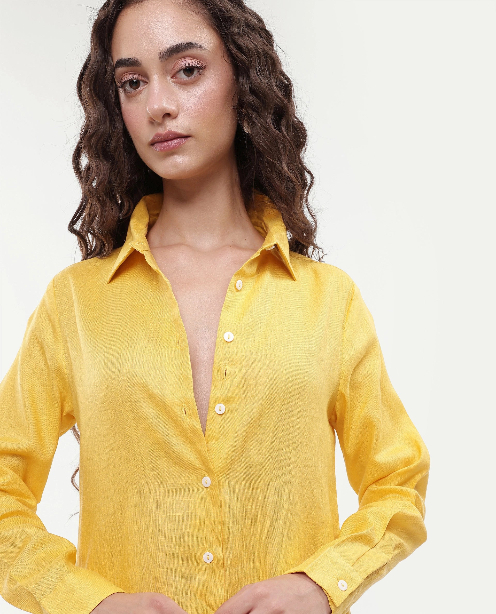 Rareism Women's Peruvian Yellow Cotton Linen Drop Collar Plain Cuffed Sleeve Midi A-Line Dress