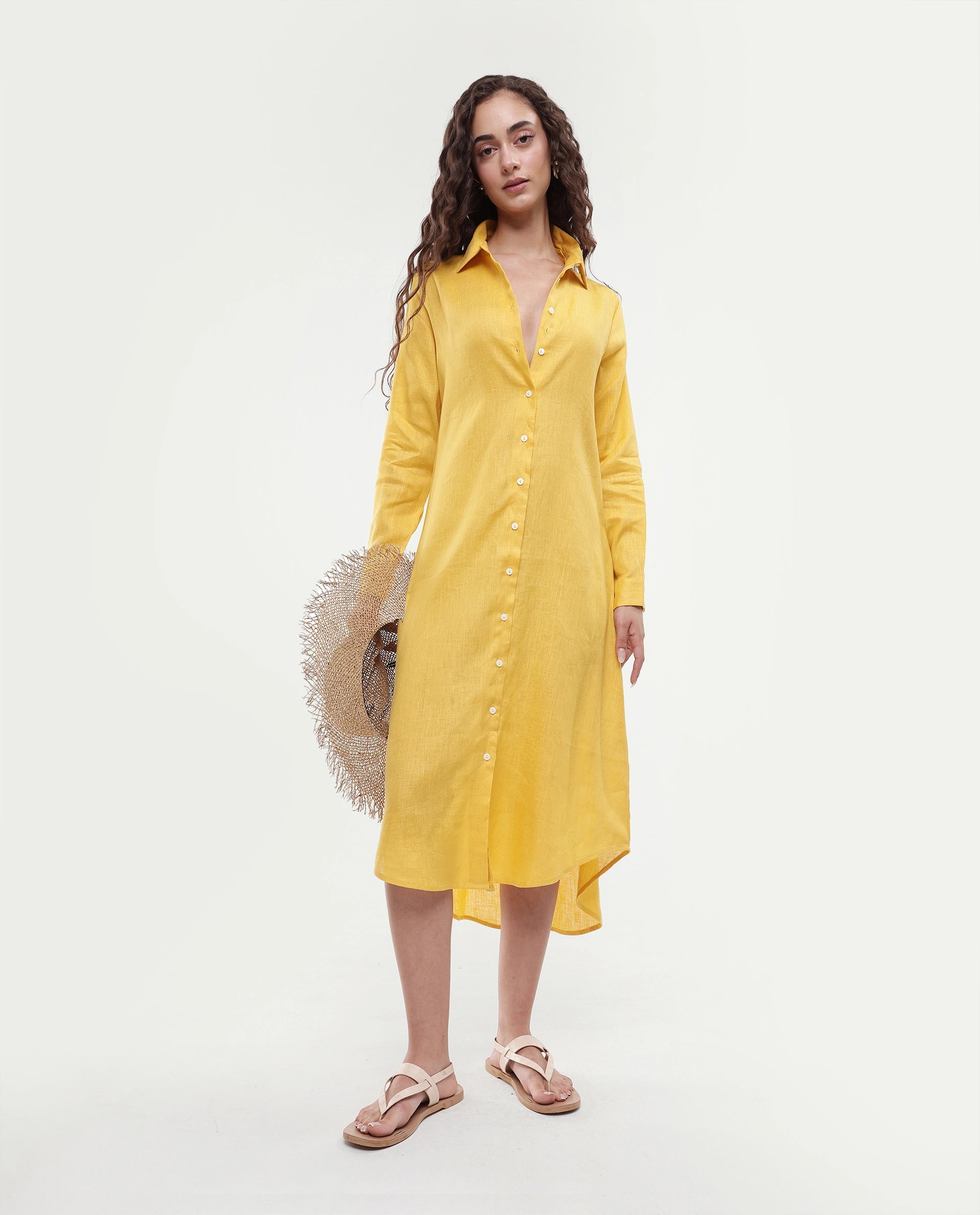 Rareism Women's Peruvian Yellow Cotton Linen Drop Collar Plain Cuffed Sleeve Midi A-Line Dress