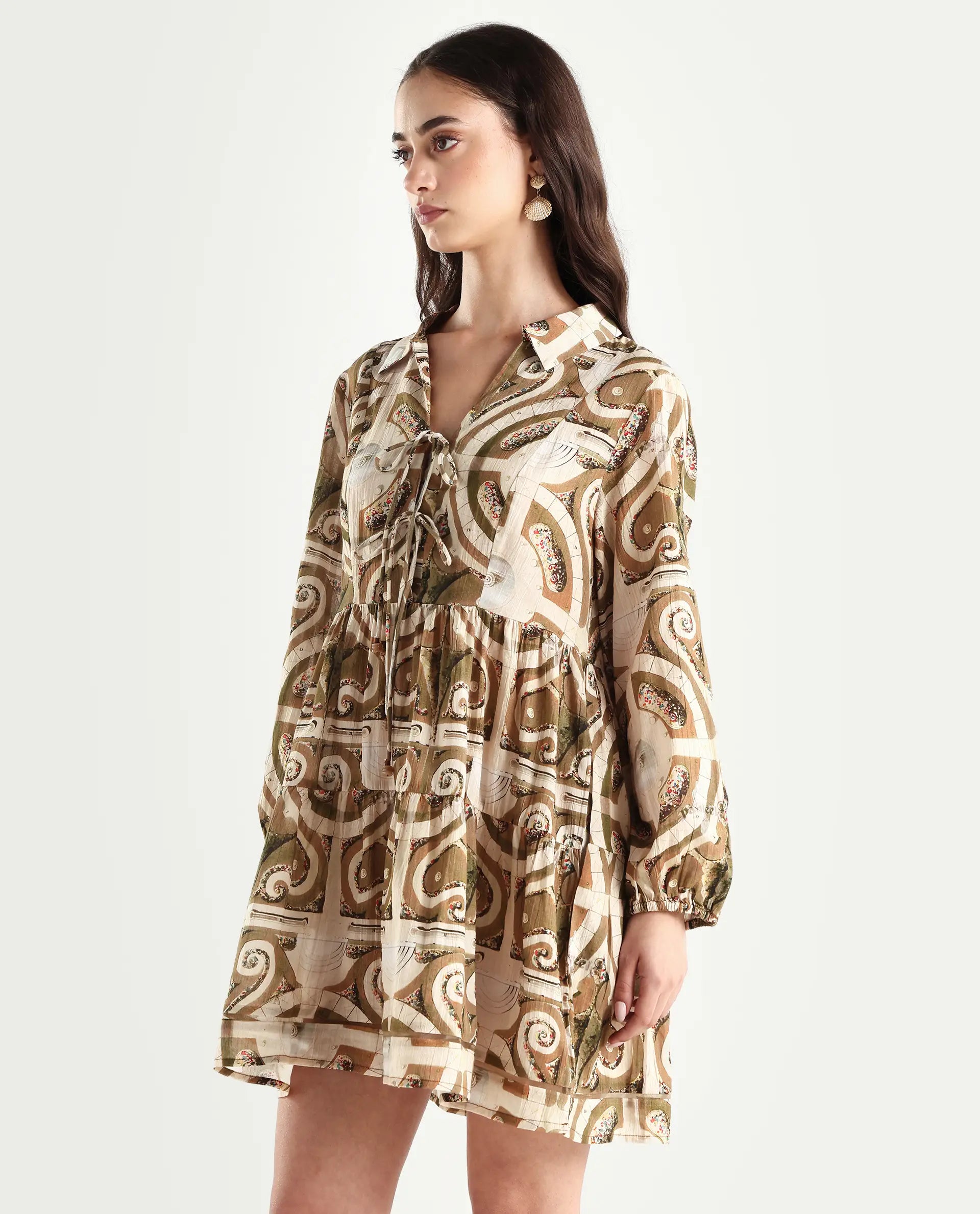 Rareism Women's Rory Pastel Green Cotton V-Neck Geometric Print Bishop Sleeve Mini Fit And Flare Dress