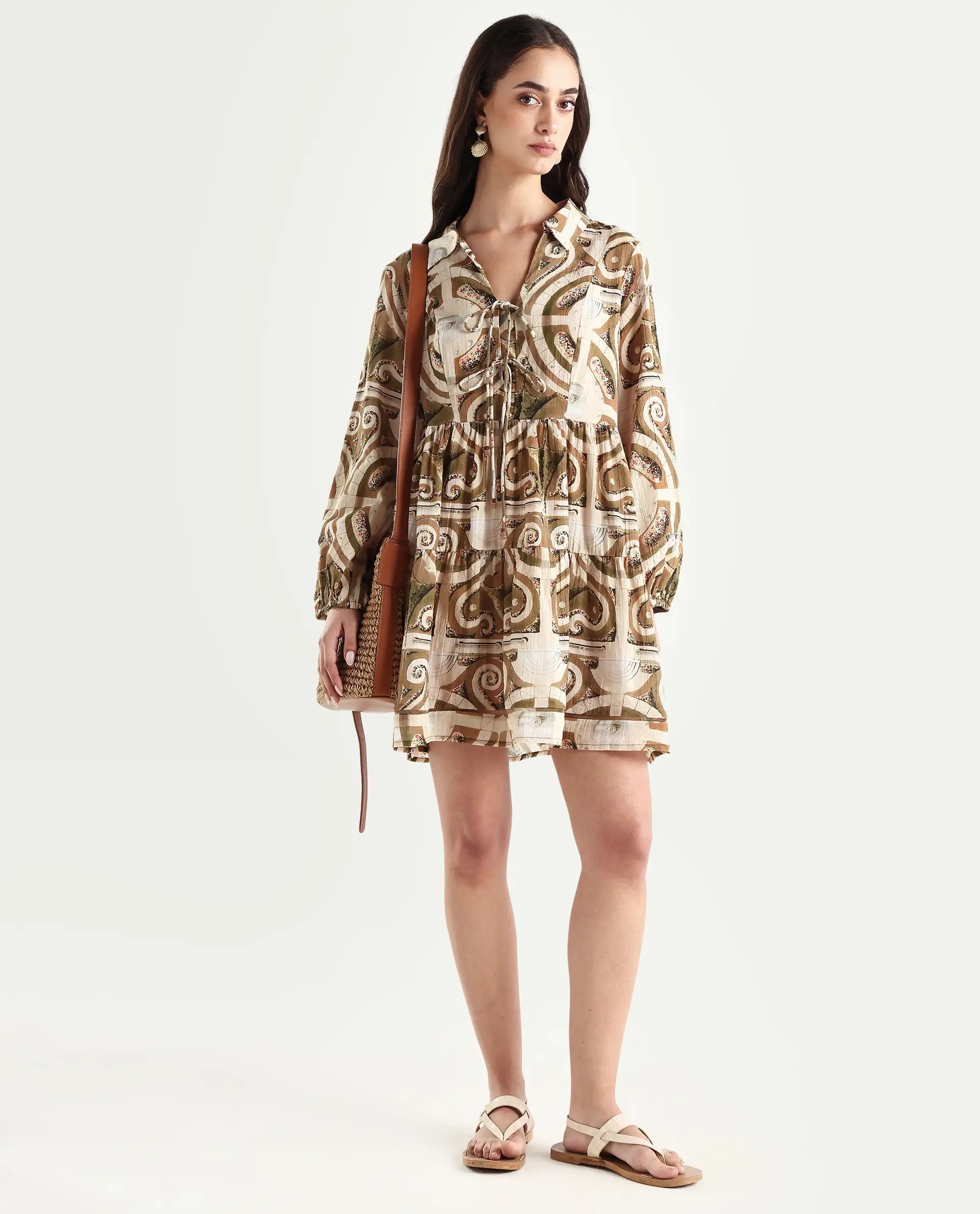 Rareism Women's Rory Pastel Green Cotton V-Neck Geometric Print Bishop Sleeve Mini Fit And Flare Dress