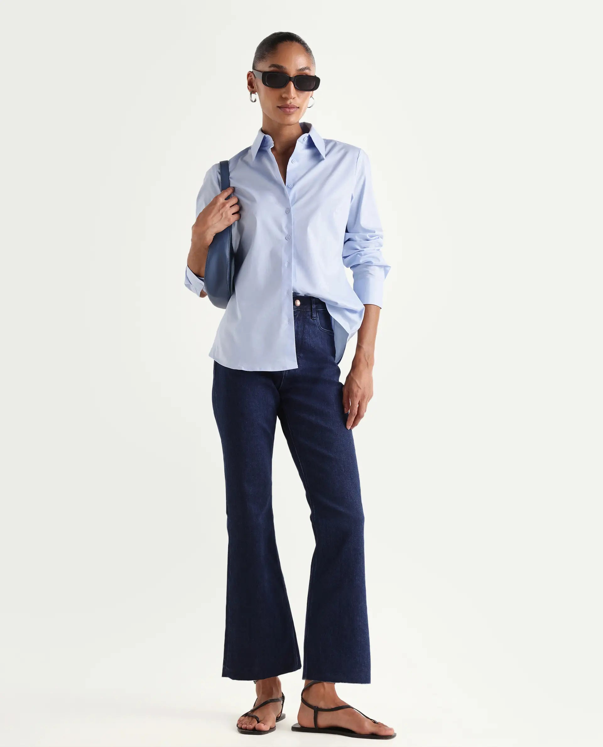 Rareism Women's Winona Dark Blue Cotton Blend Plain Ankle Length Classic Bootcut Jeans