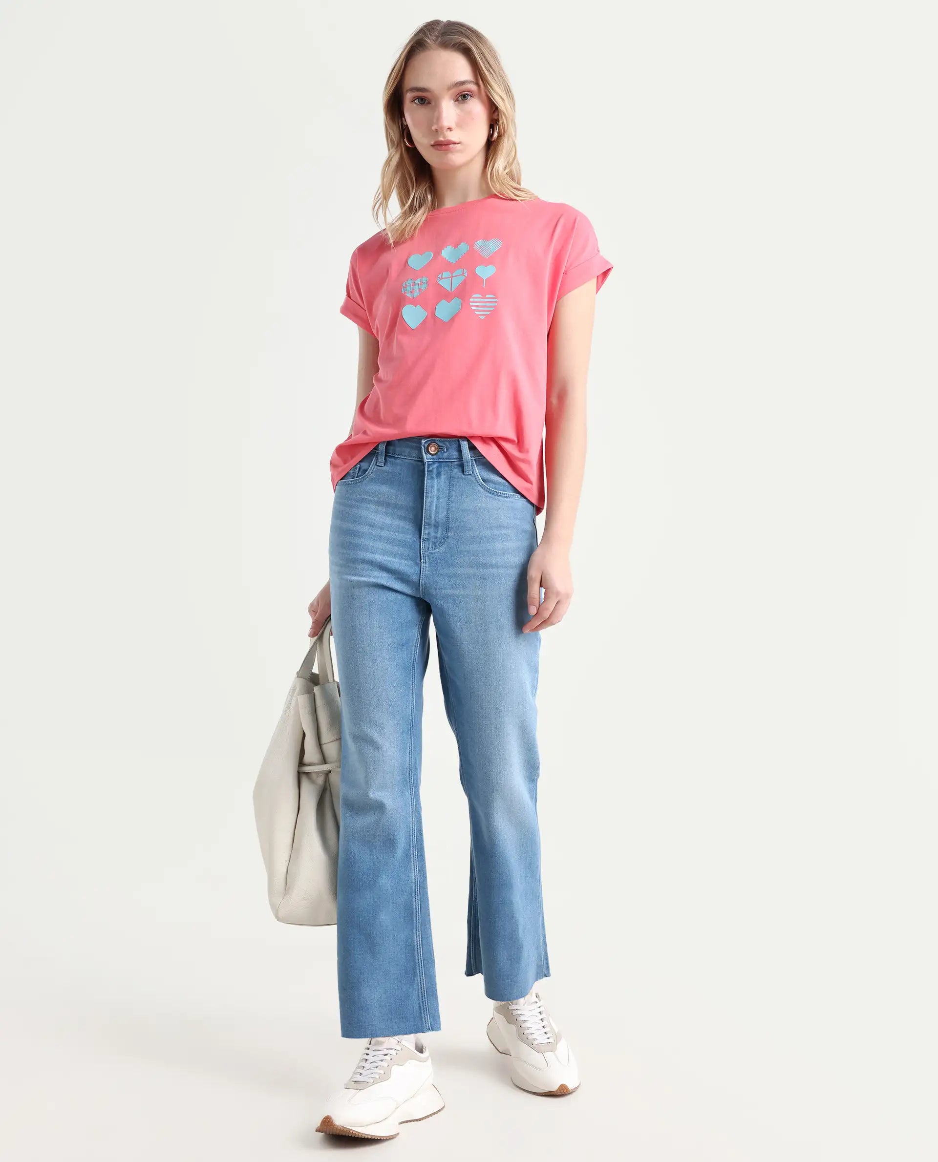 Rareism Women's Winona Pastel Blue Cotton Blend Plain Ankle Length Crop Flare Jeans