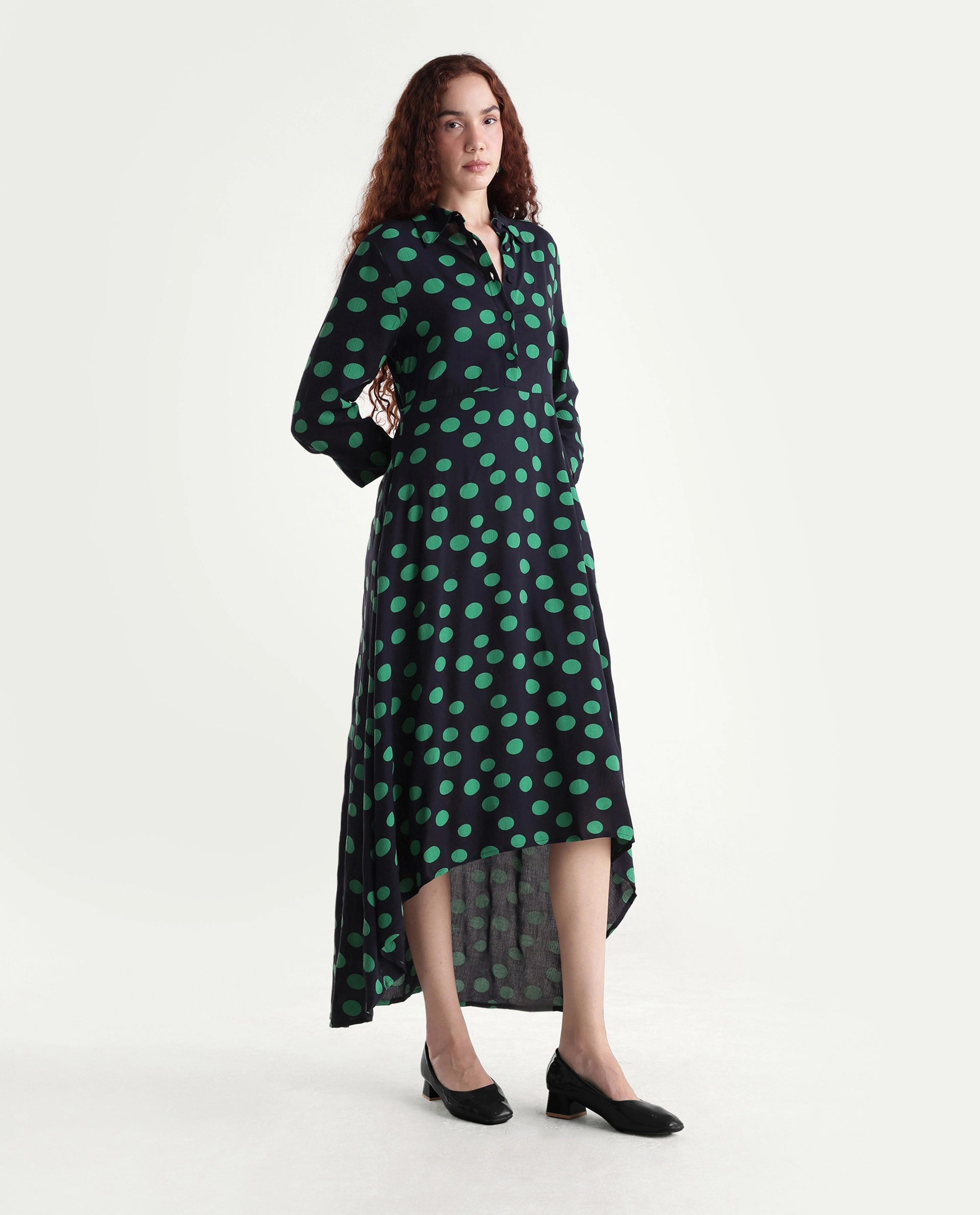 Rareism Women's Winslet Black Rayon Drop Collar Polka Print Cuffed Sleeve Maxi Flared Dress