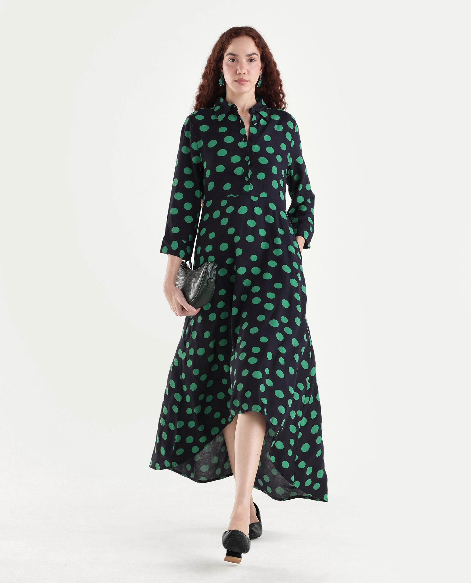 Rareism Women's Winslet Black Rayon Drop Collar Polka Print Cuffed Sleeve Maxi Flared Dress
