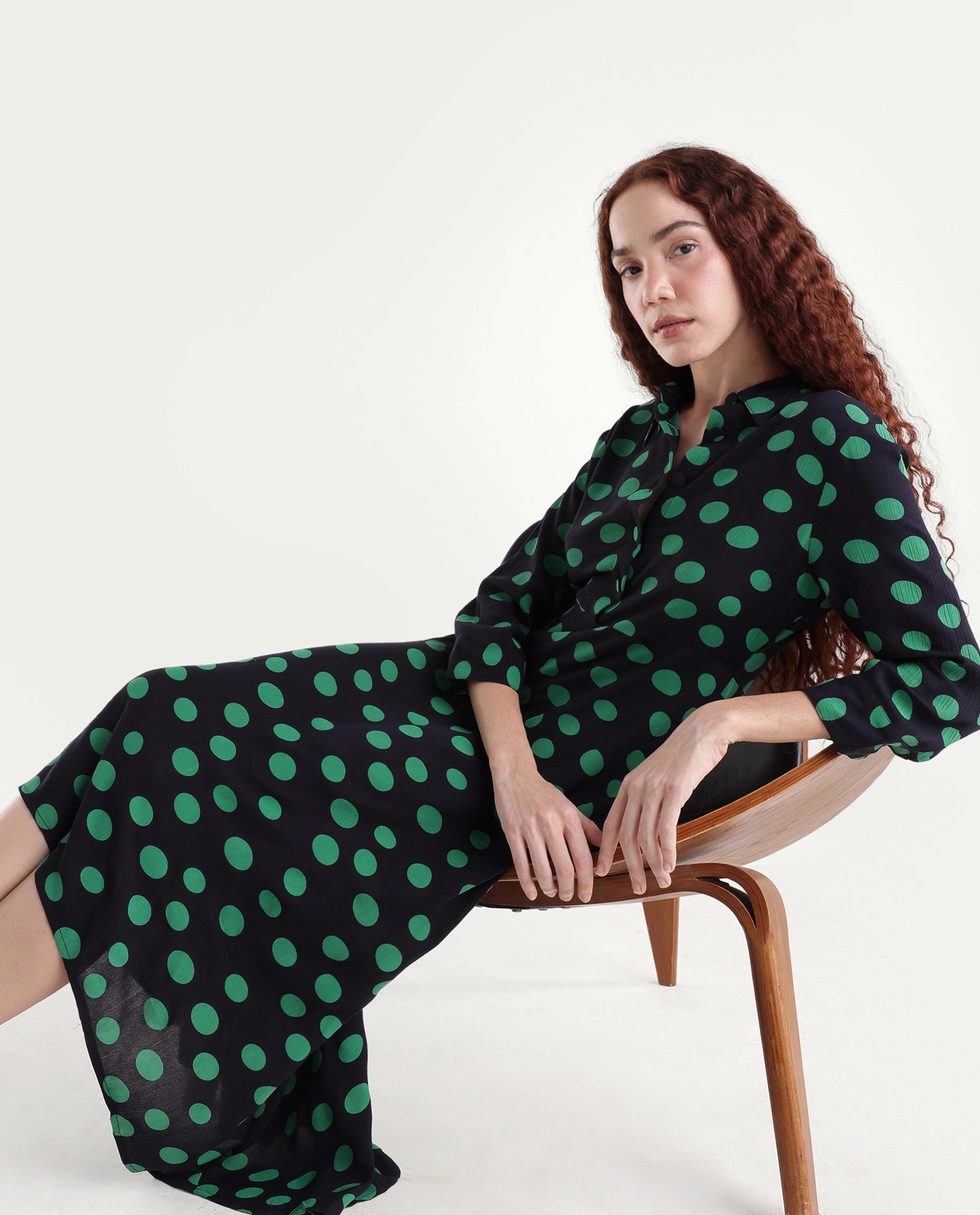 Rareism Women's Winslet Black Rayon Drop Collar Polka Print Cuffed Sleeve Maxi Flared Dress