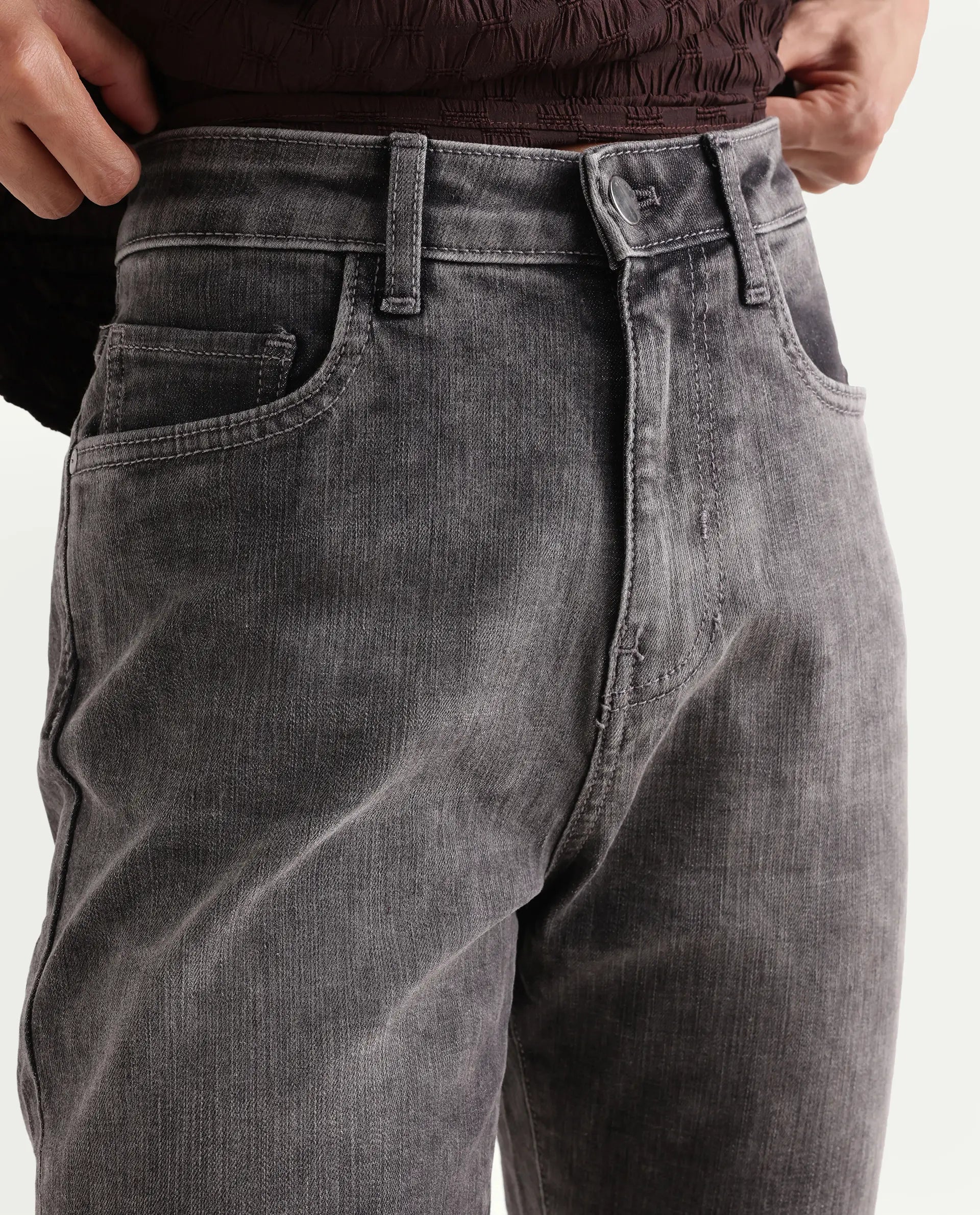 Rareism Women's Zaisho Grey Cotton Blend Plain Ankle Length Sleek Skinny Fit Jeans