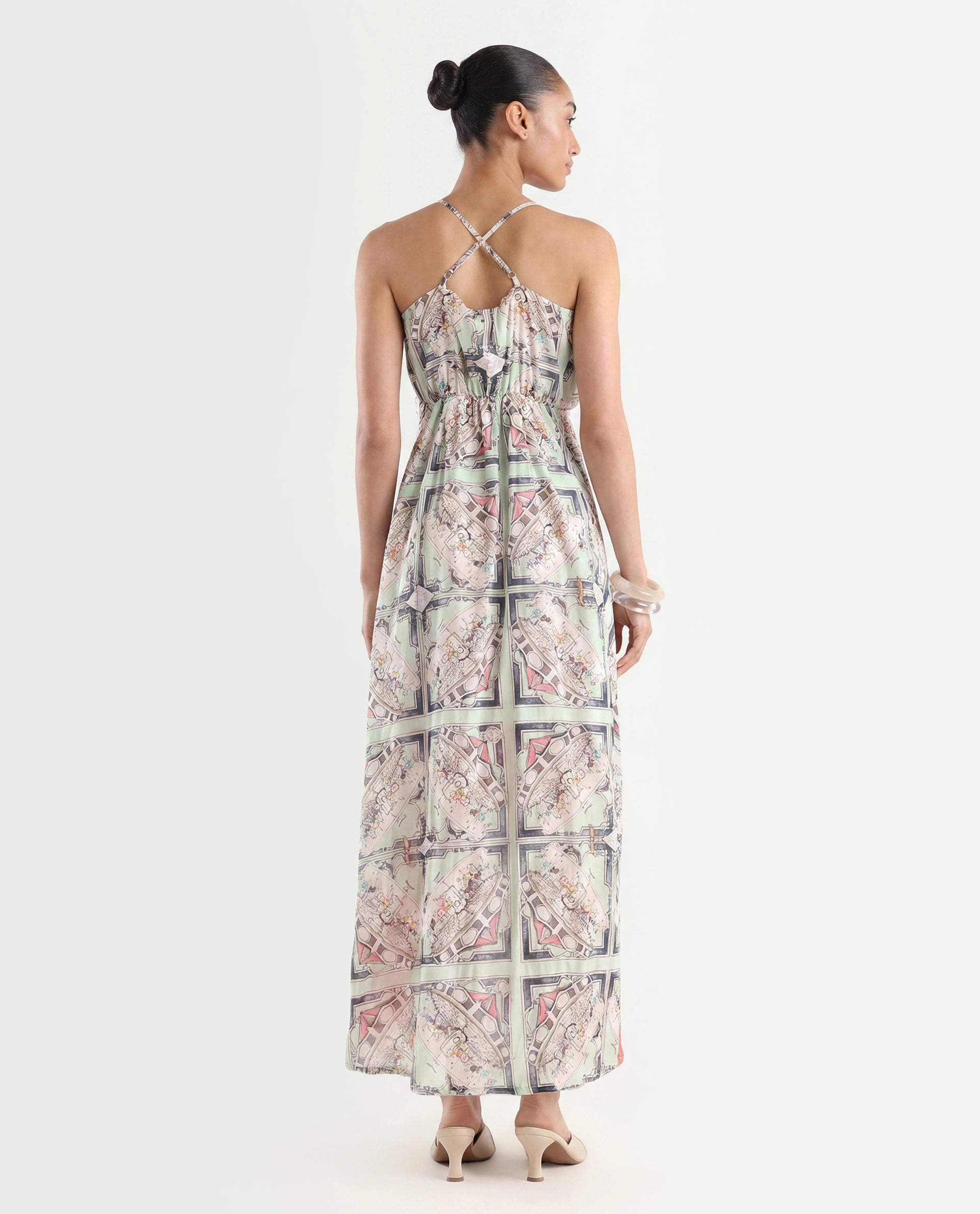 Rareism Women's Bluries Pastel Green Cotton Overlap Neck Abstract Print Shoulder Strap Maxi Fit And Flare Dress