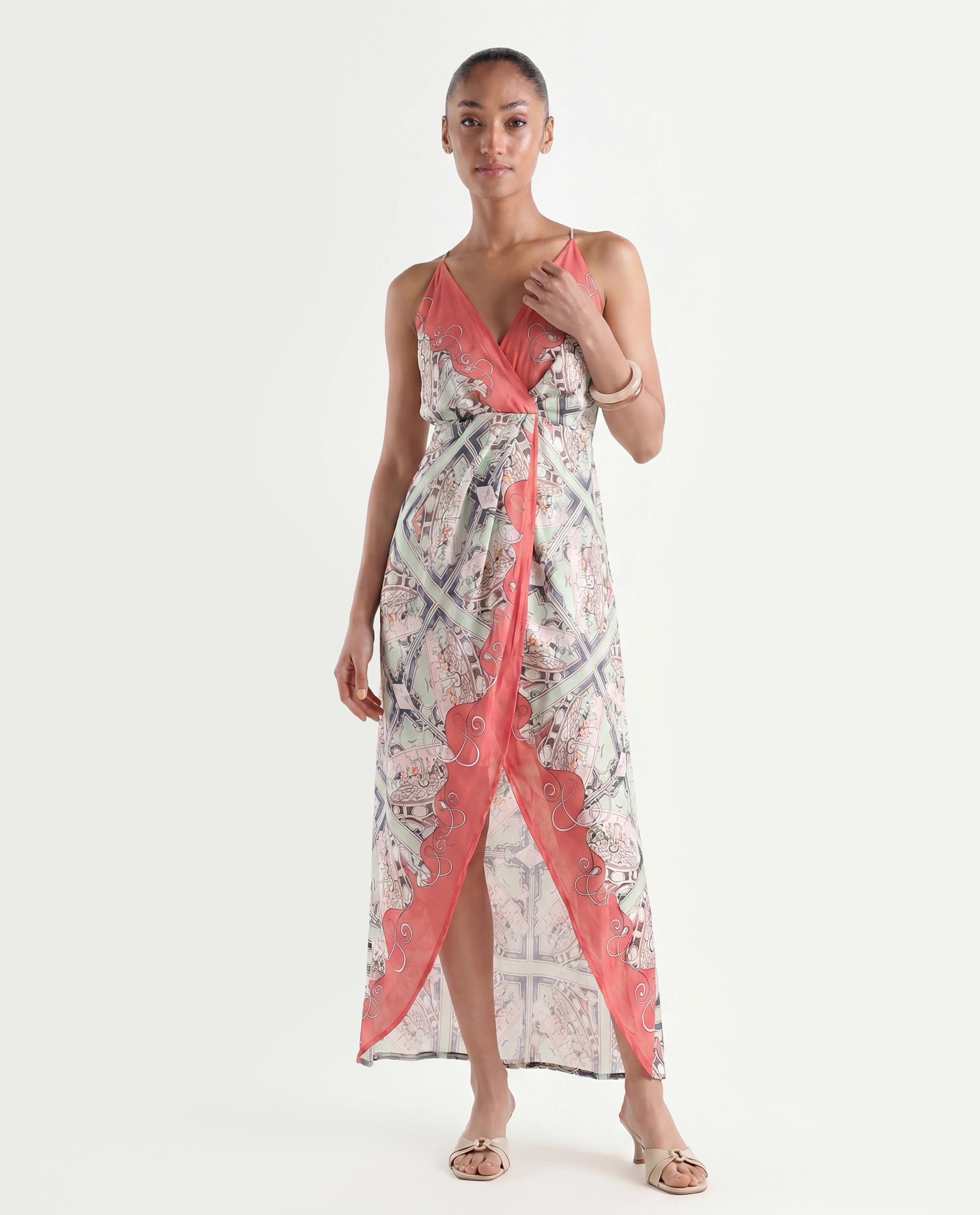 Rareism Women's Bluries Pastel Green Cotton Overlap Neck Abstract Print Shoulder Strap Maxi Fit And Flare Dress