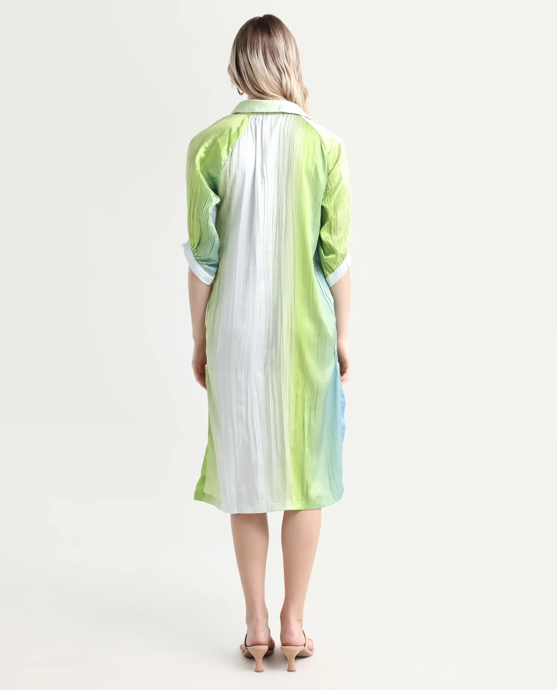 Rareism Women's Boris Multi Polyester Drop Collar Ombre Raglan Sleeve Midi A-Line Dress