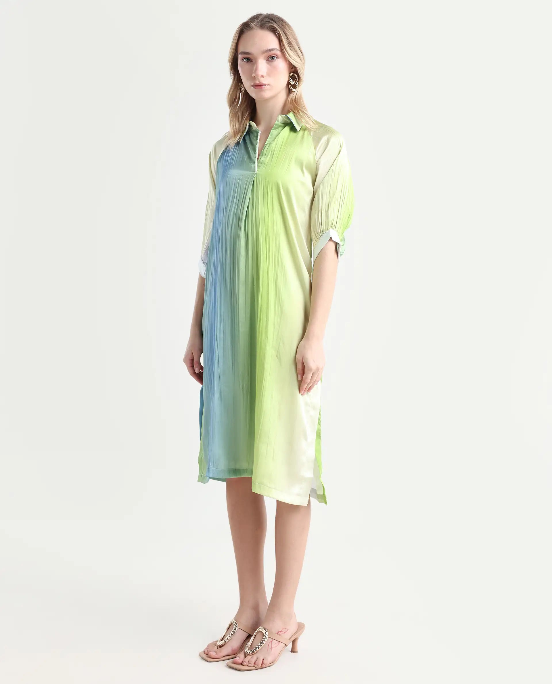 Rareism Women's Boris Multi Polyester Drop Collar Ombre Raglan Sleeve Midi A-Line Dress