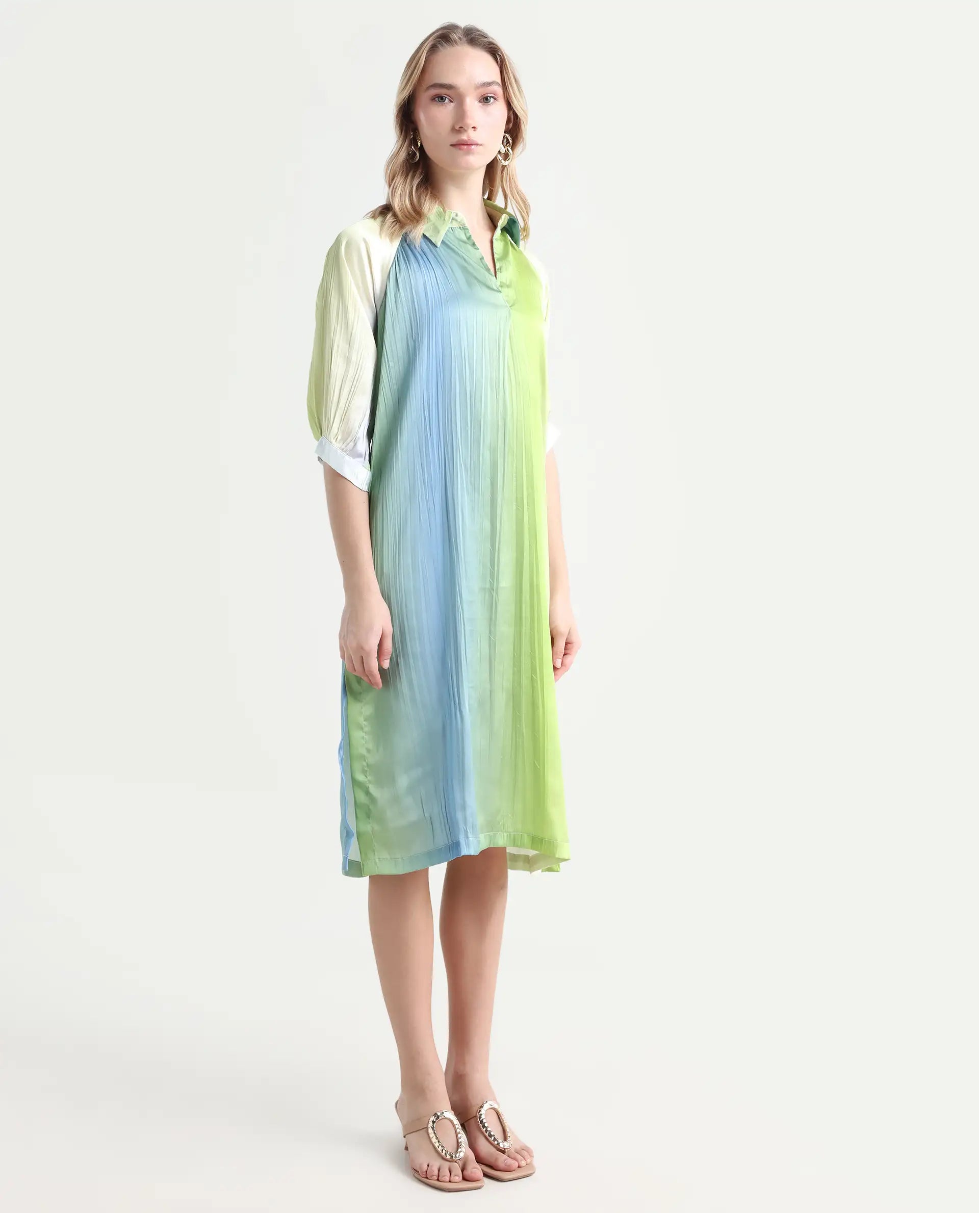 Rareism Women's Boris Multi Polyester Drop Collar Ombre Raglan Sleeve Midi A-Line Dress