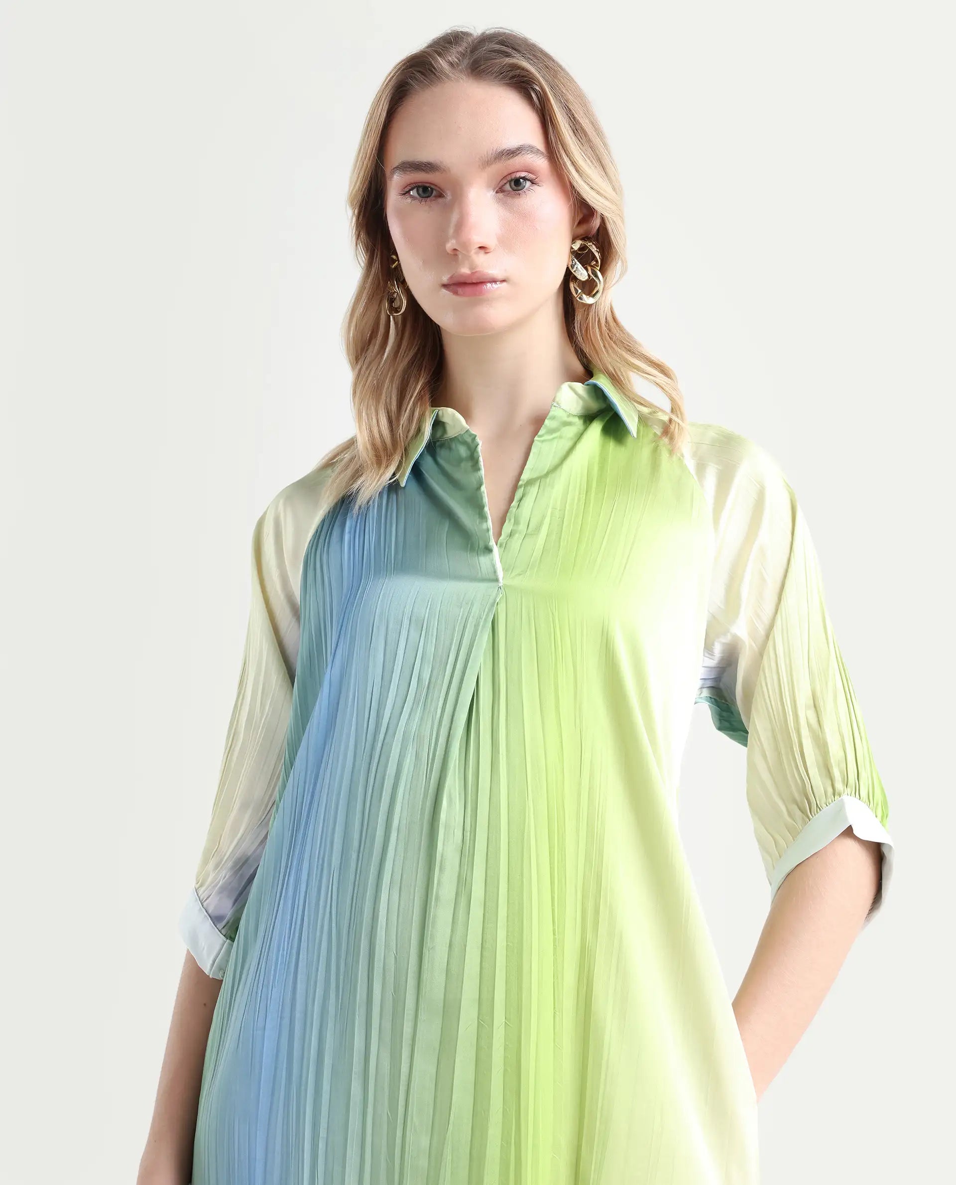 Rareism Women's Boris Multi Polyester Drop Collar Ombre Raglan Sleeve Midi A-Line Dress