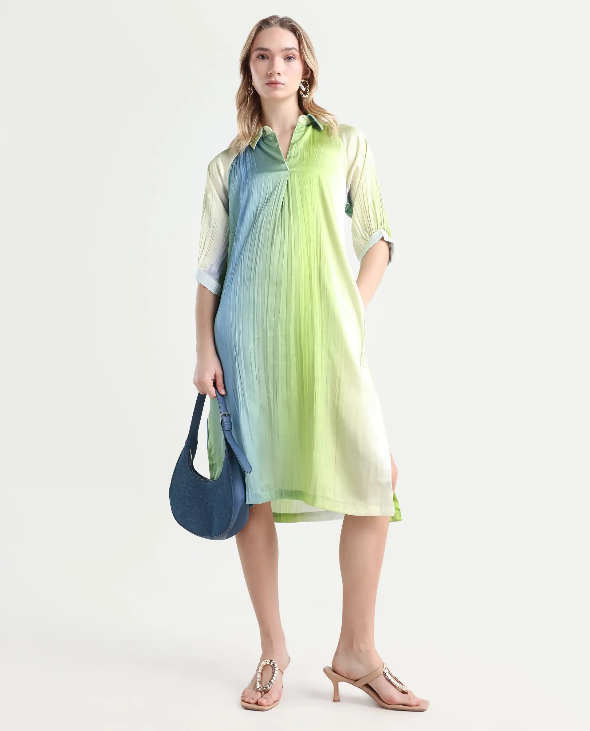 Rareism Women's Boris Multi Polyester Drop Collar Ombre Raglan Sleeve Midi A-Line Dress