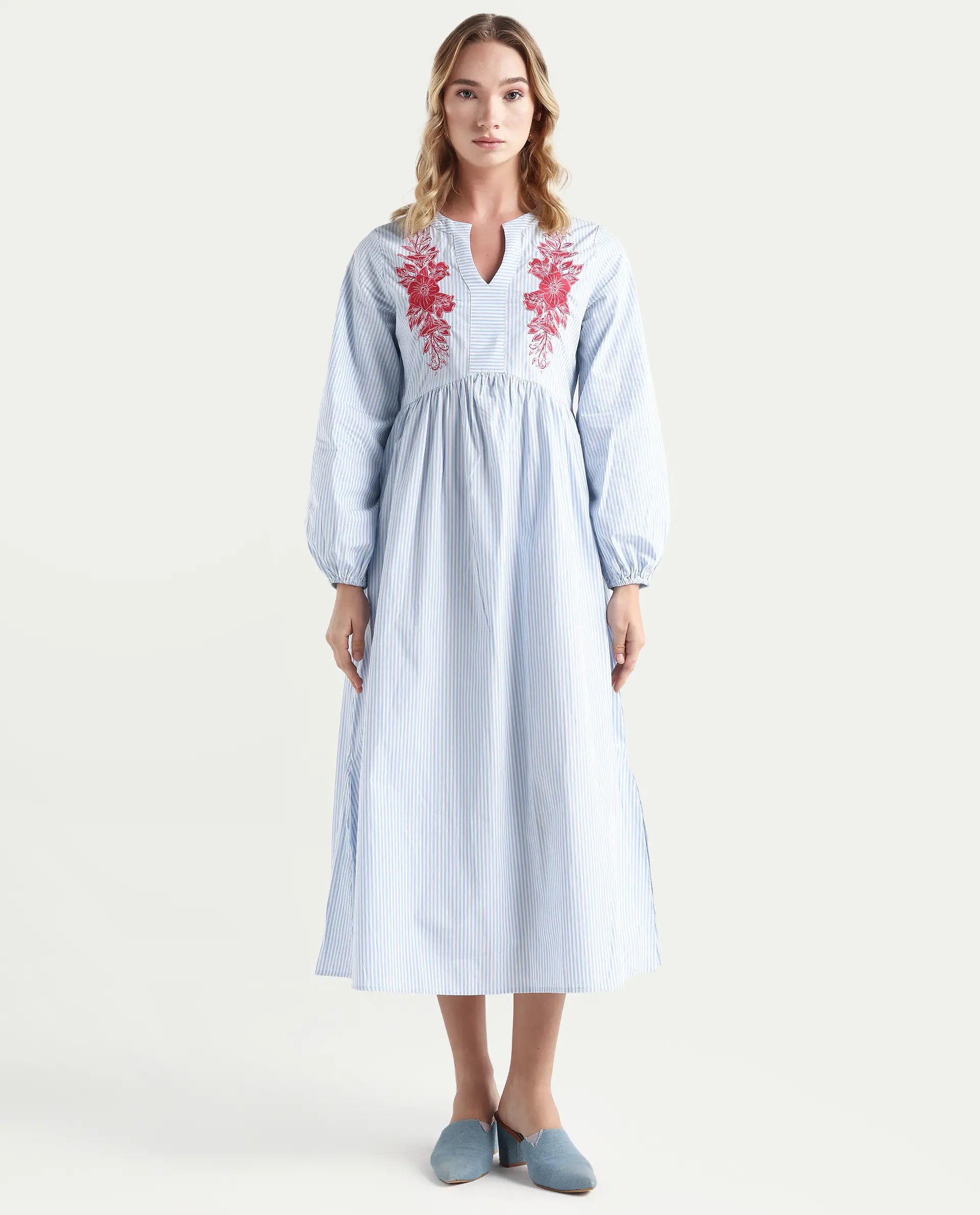 Rareism Women's Calia Blue Cotton Collarless Striped Bishop Sleeve Midi A-Line Dress