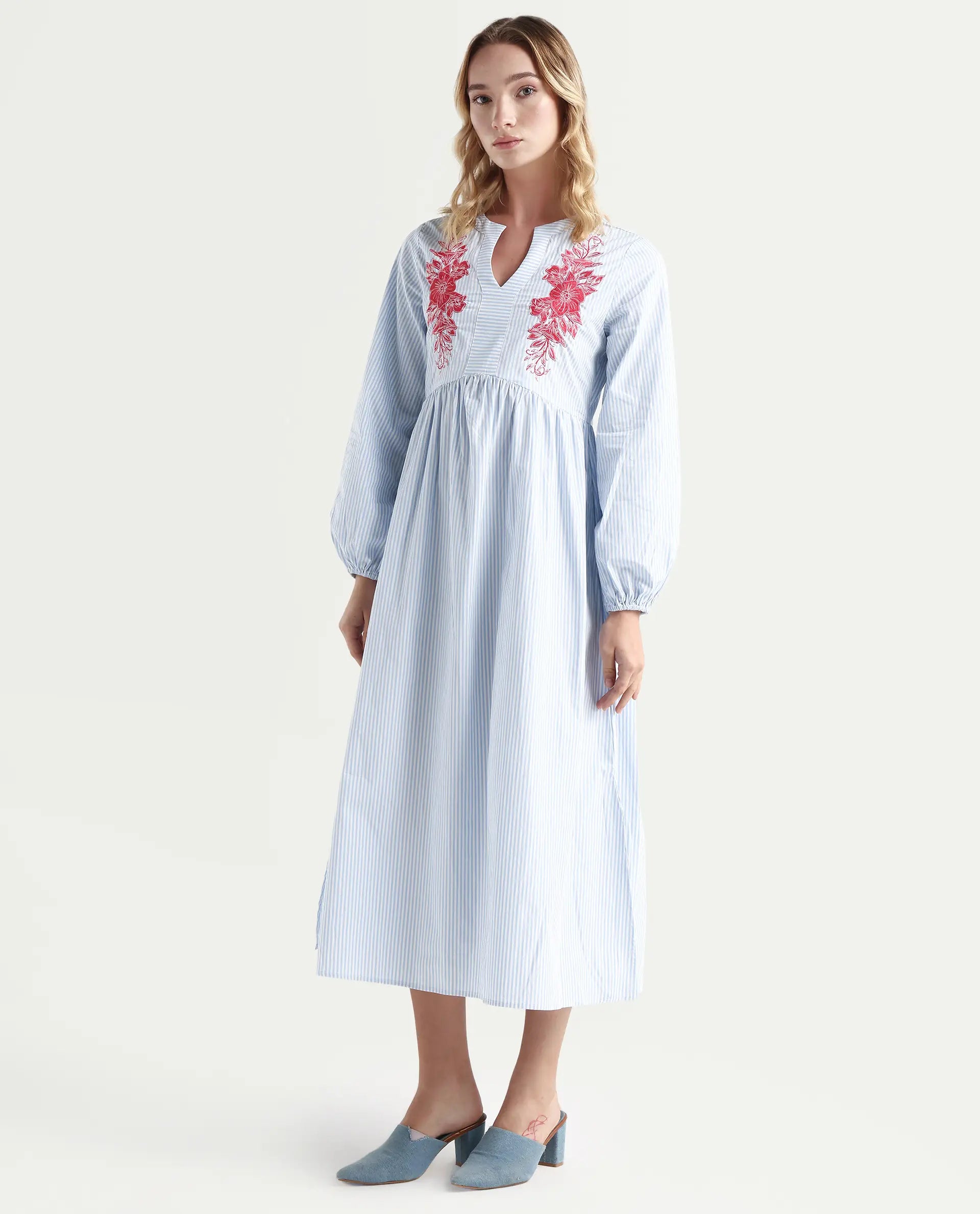 Rareism Women's Calia Blue Cotton Collarless Striped Bishop Sleeve Midi A-Line Dress