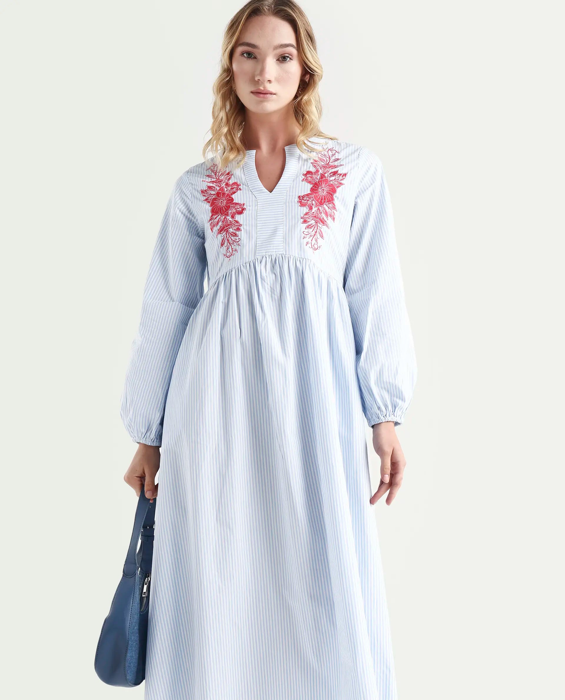 Rareism Women's Calia Blue Cotton Collarless Striped Bishop Sleeve Midi A-Line Dress