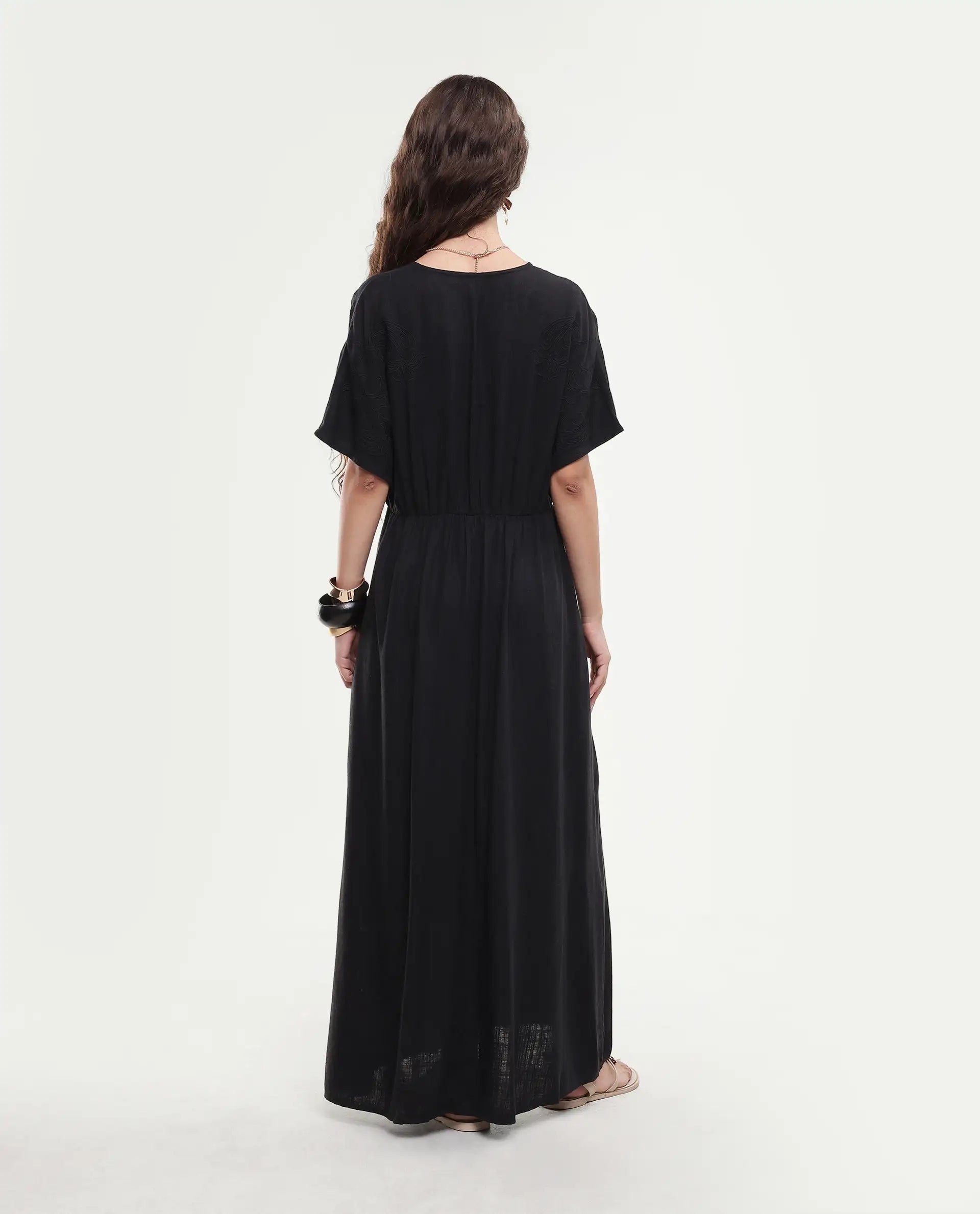 Rareism Women's Flynn Light Black Linen Blend V-Neck Plain Extended Sleeves Maxi Fit And Flare Dress